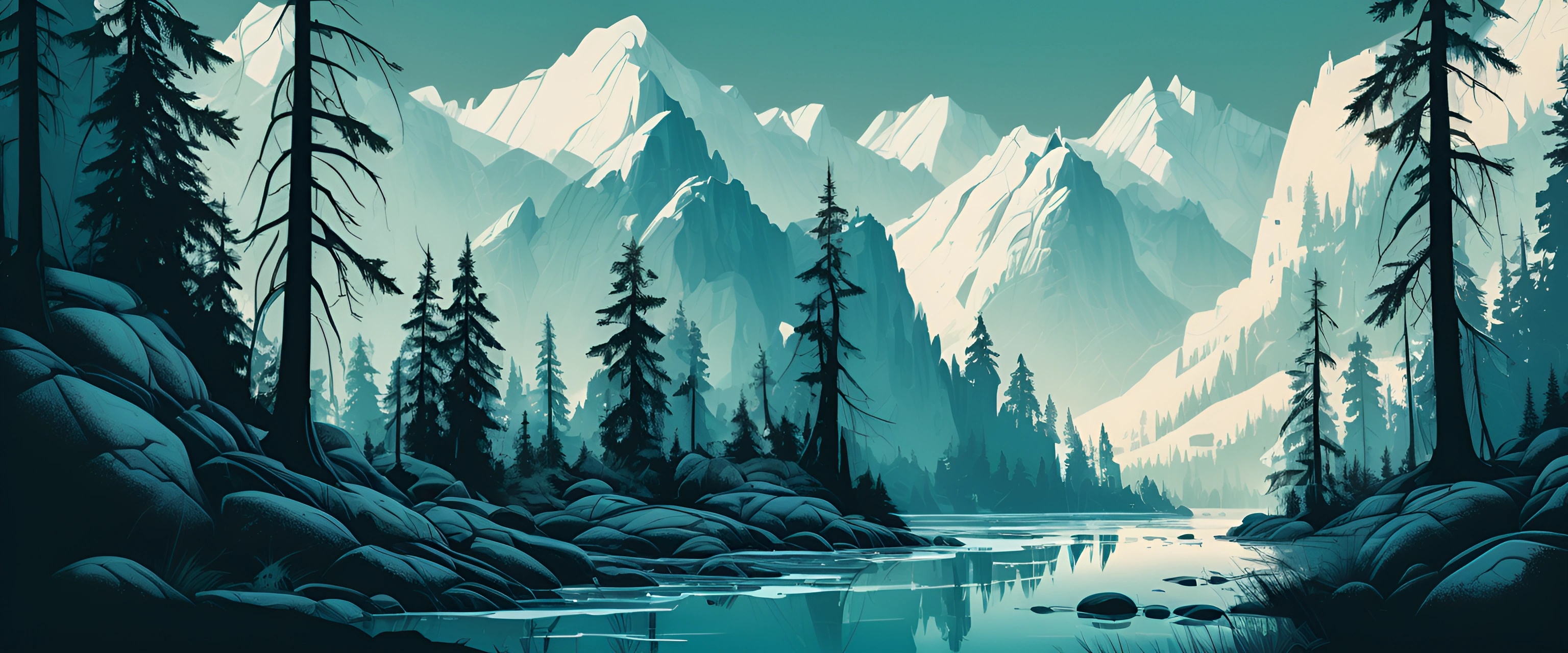 Styleized Vector Landscape Stylized Mountain Landscape with Pine Trees - Free Download - AI Scribbles