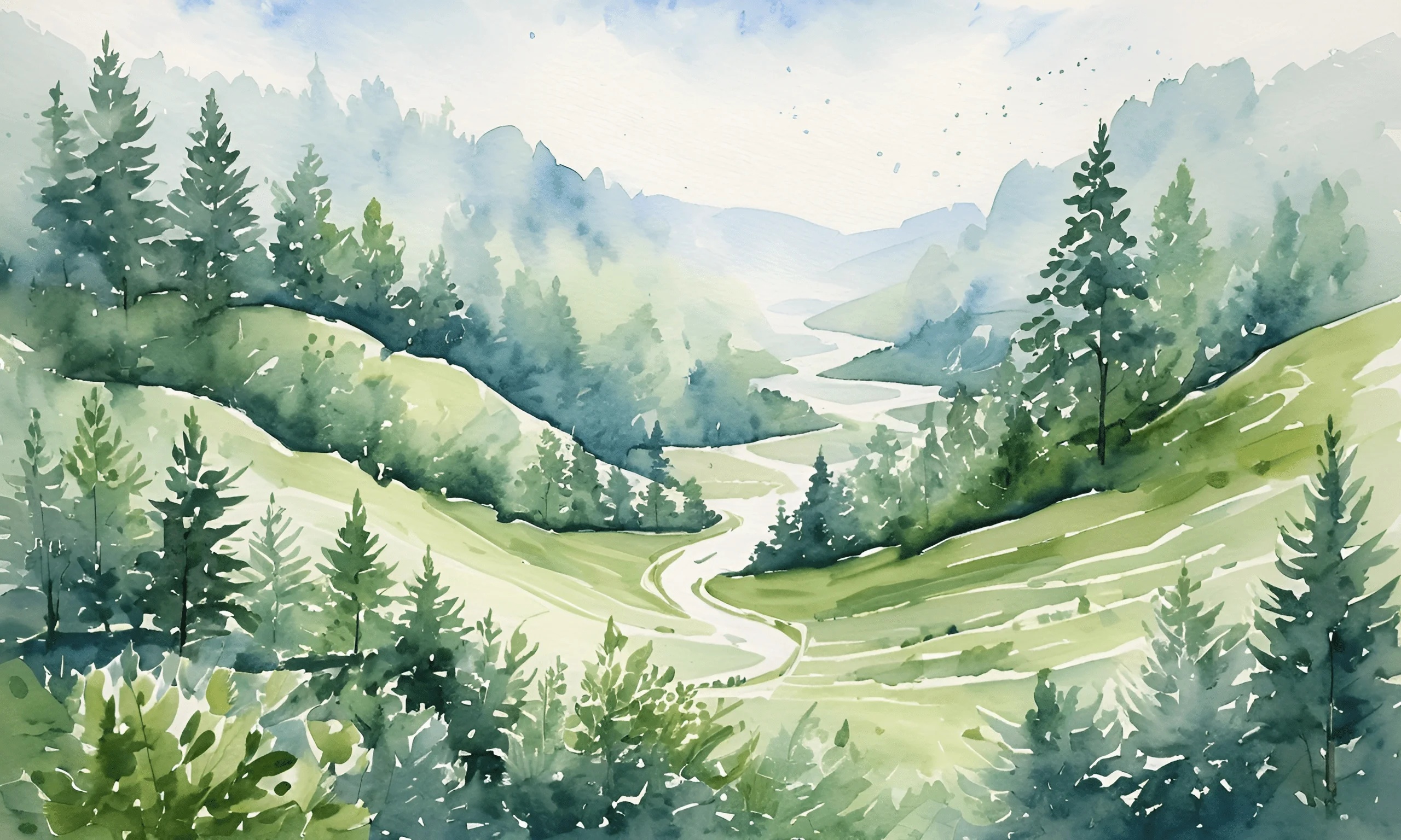 Serene Watercolor Landscape with River - Free Download - AI Scribbles