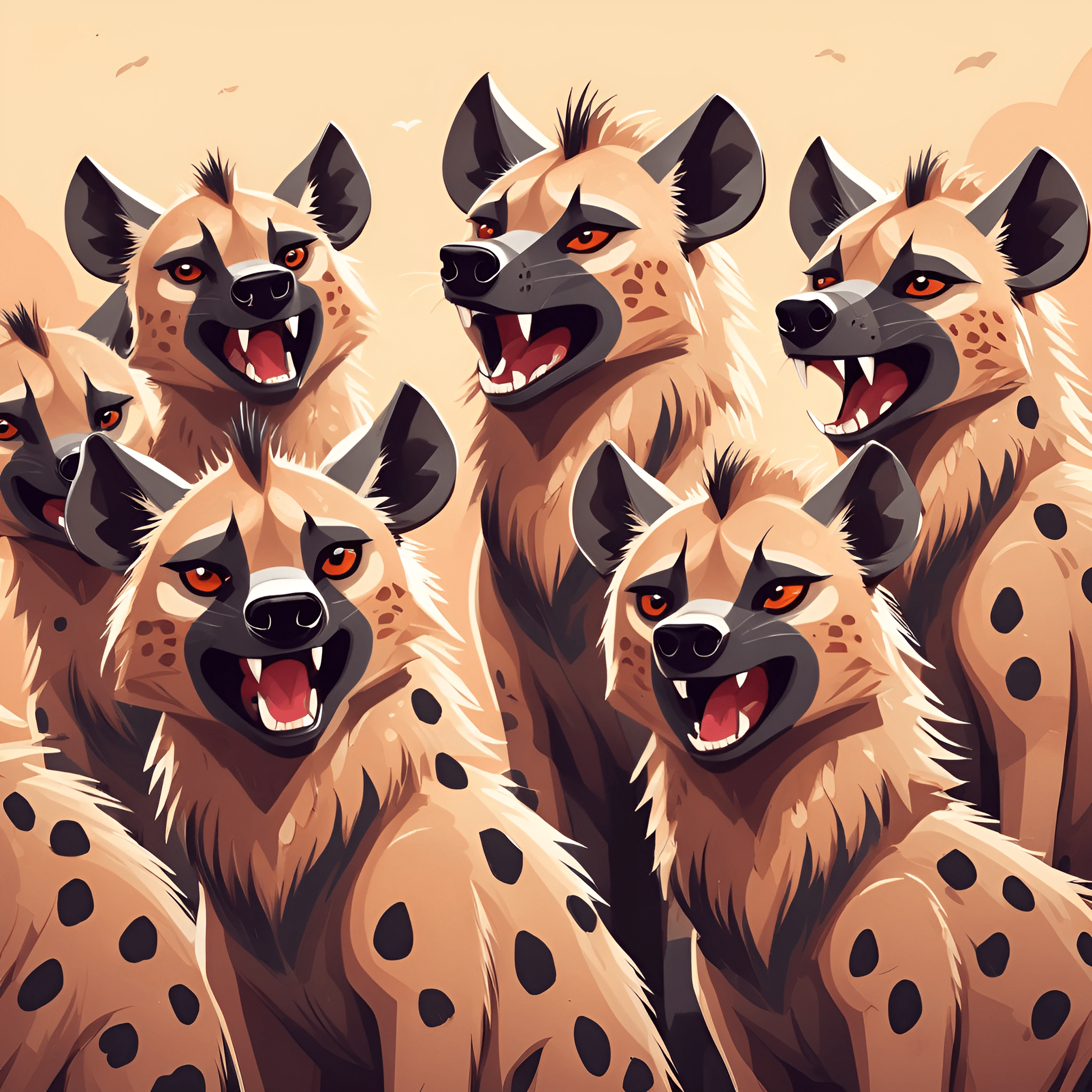 there are many hyenas that are standing together in a group