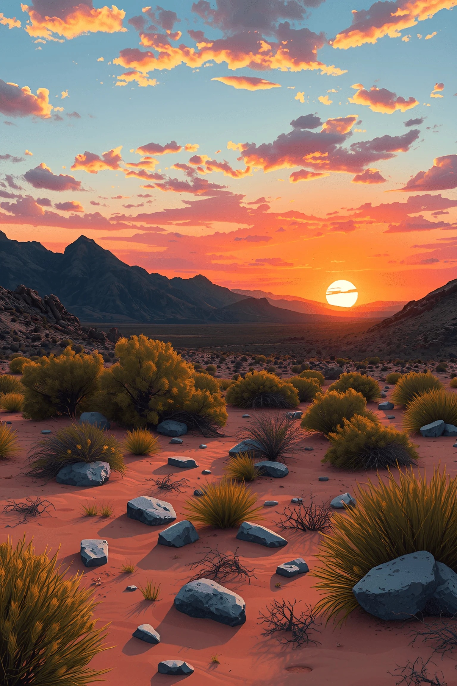 Sunset Landscape Rocks Desert Sunset Landscape With Rocks And Shrubs - Free Download - AI ...
