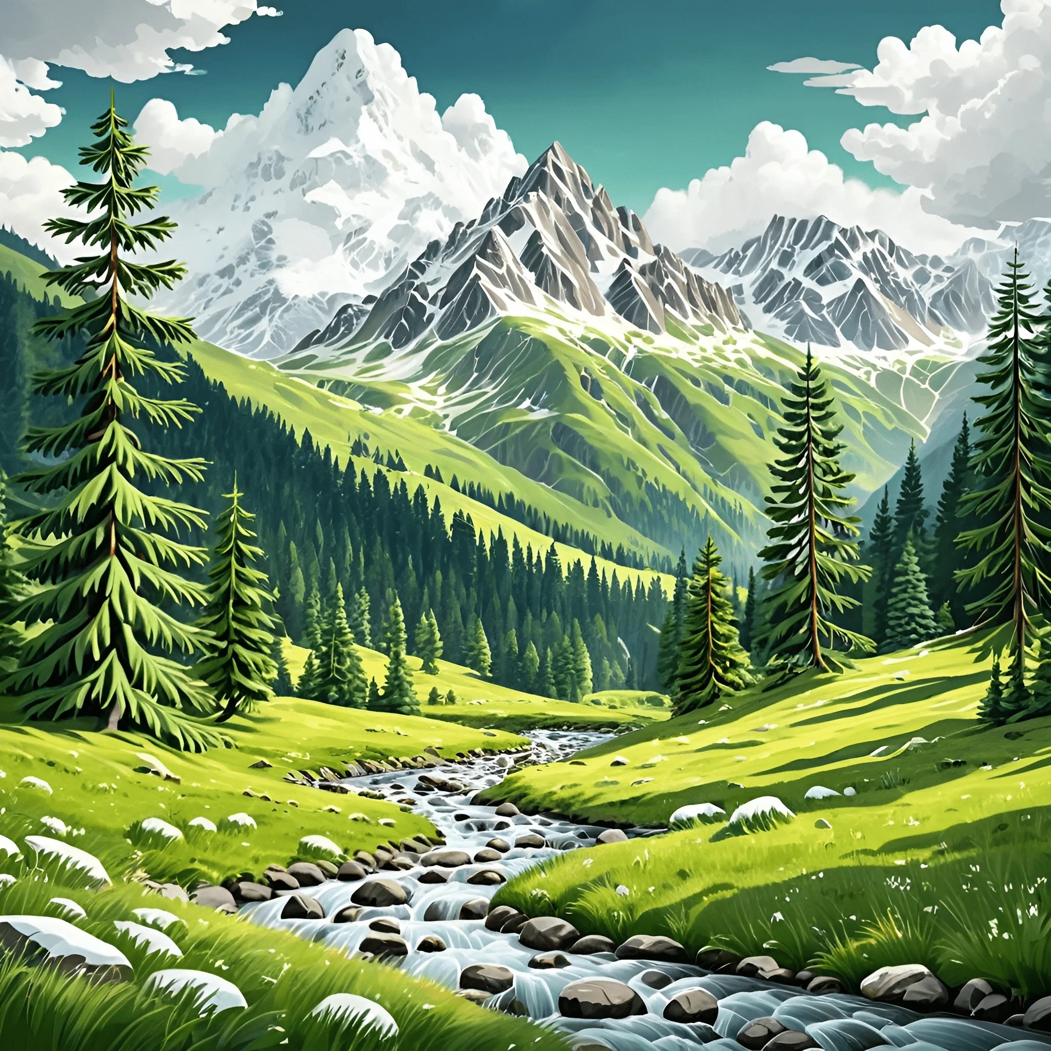 Mountain Valley Stream With Pine Trees - Free Download - AI Scribbles
