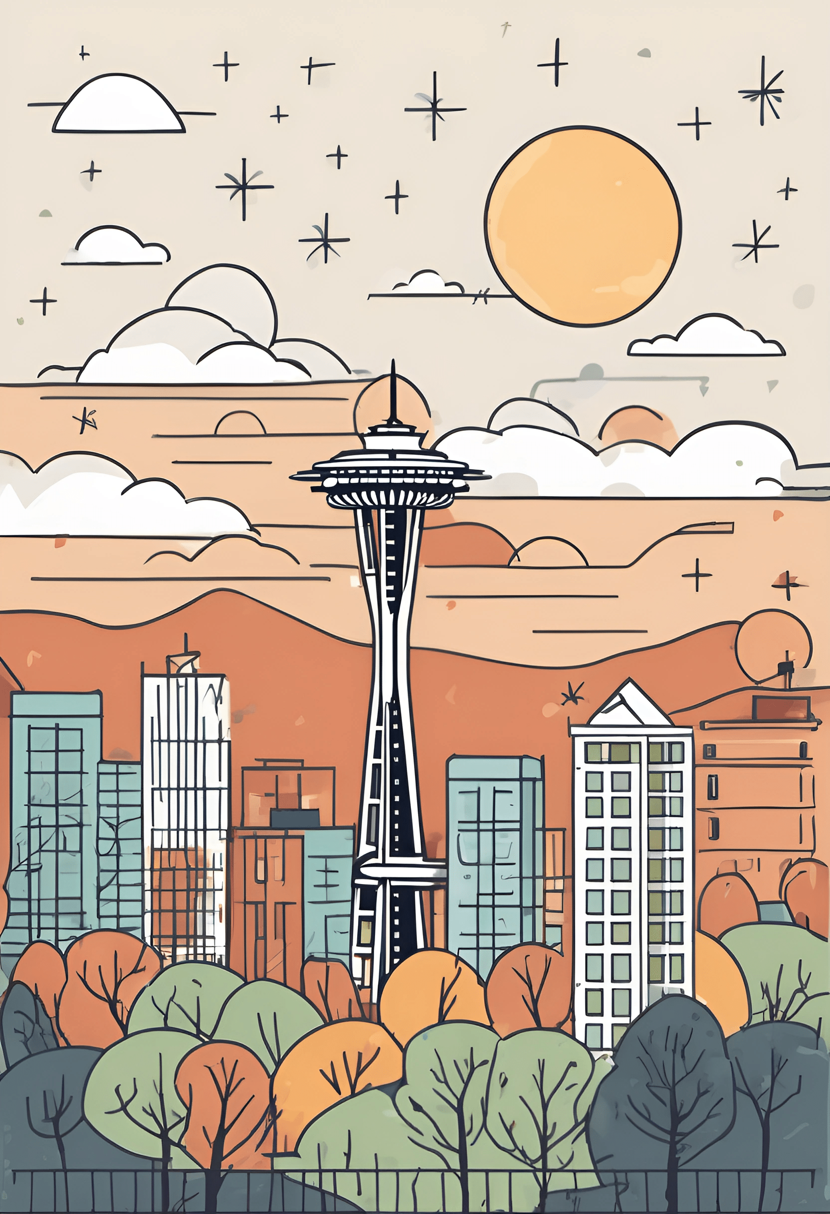 Modern Illustration of Seattle Skyline - Free Download - AI Scribbles