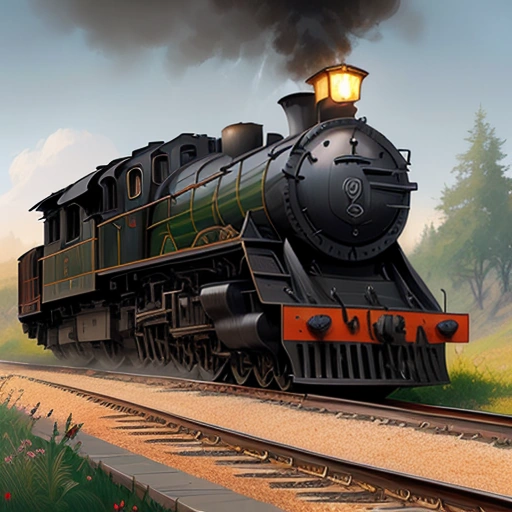a painting of a train on the tracks with smoke coming out of it