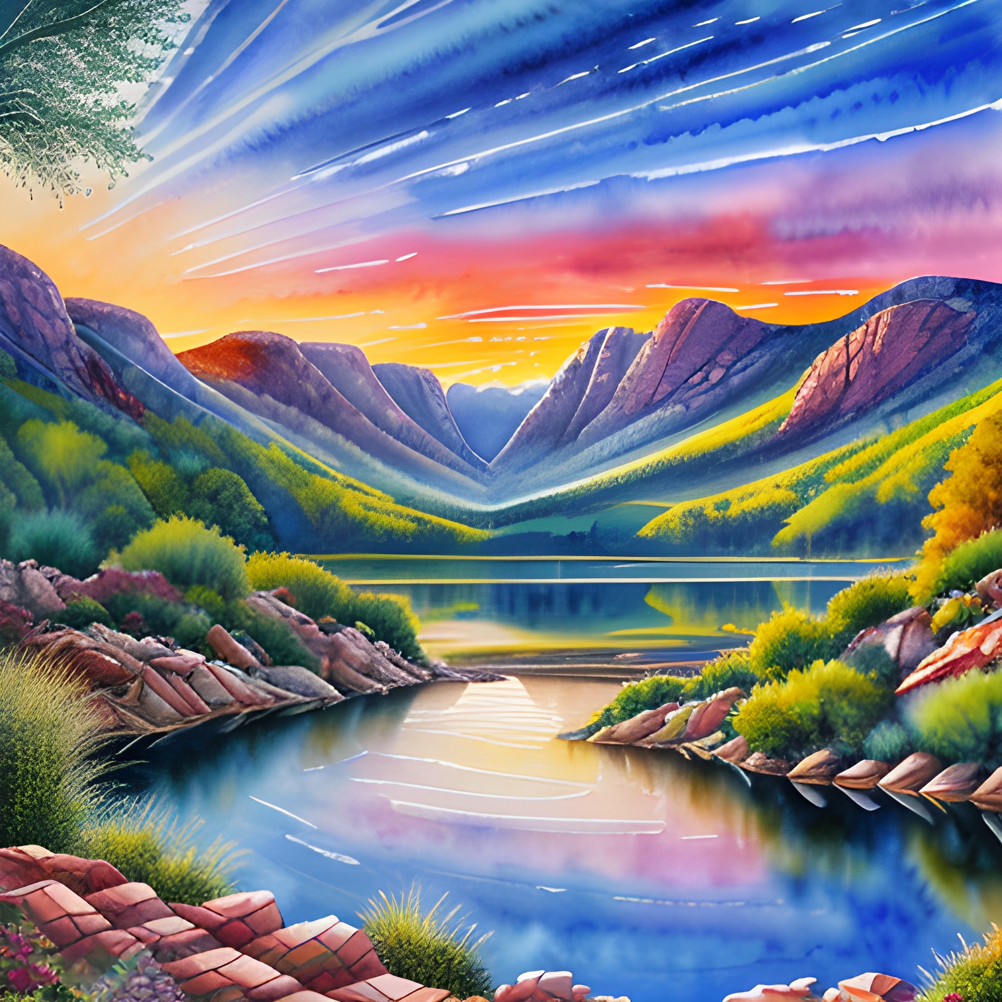 painting of a mountain landscape with a river and a colorful sky