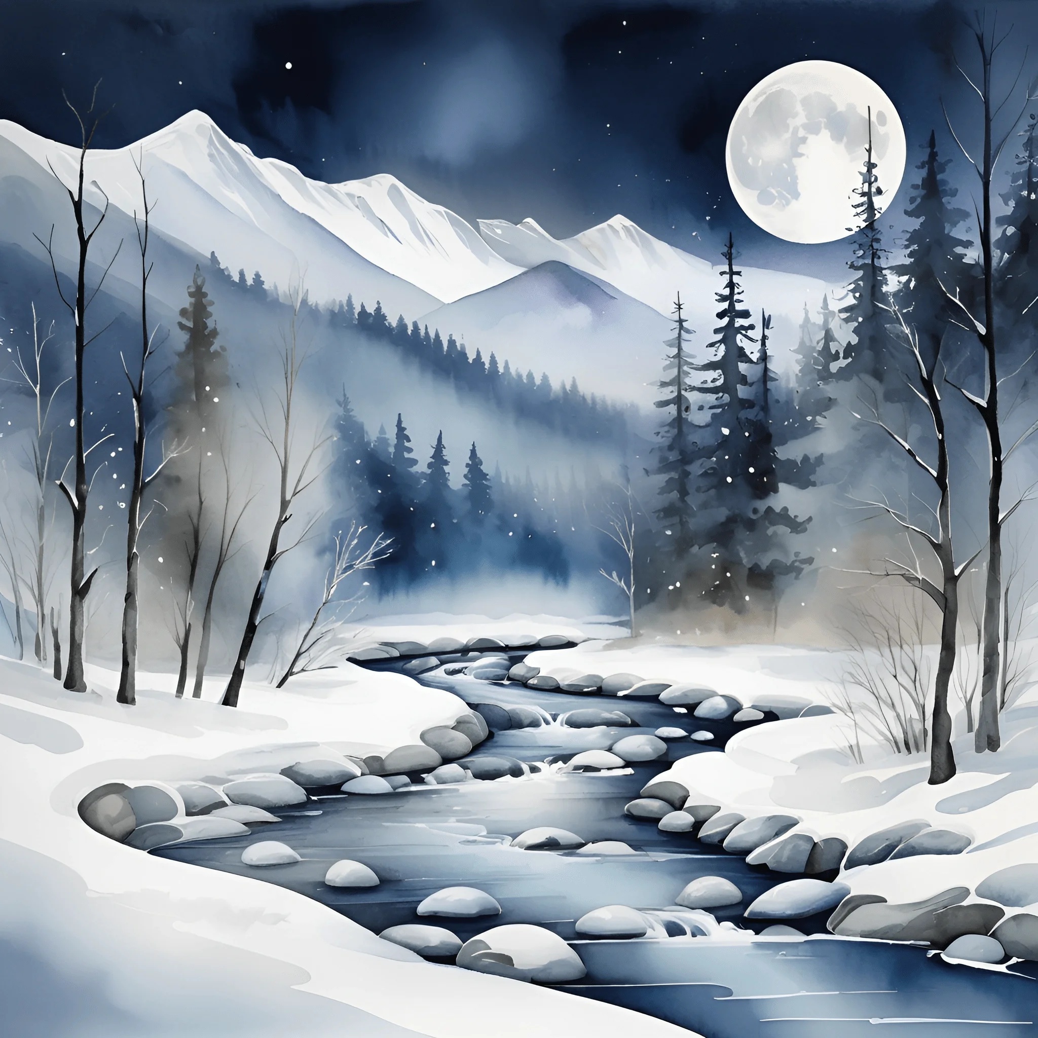 Serene Winter Landscape with Moonlit River - Free Download - AI Scribbles