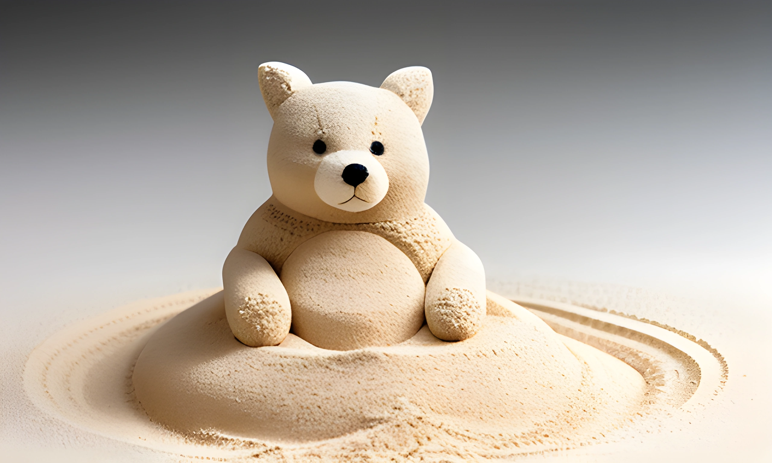 a teddy bear sitting on a sandcastle on a white surface