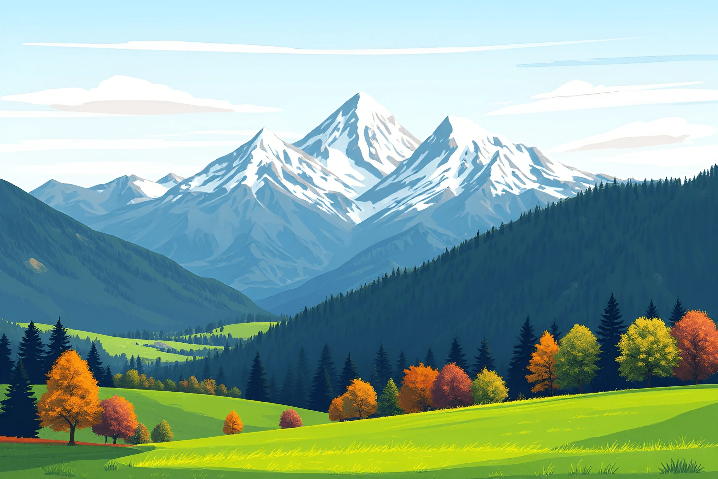 Mountain Valley Landscape With Autumn Trees - Free Download - AI Scribbles