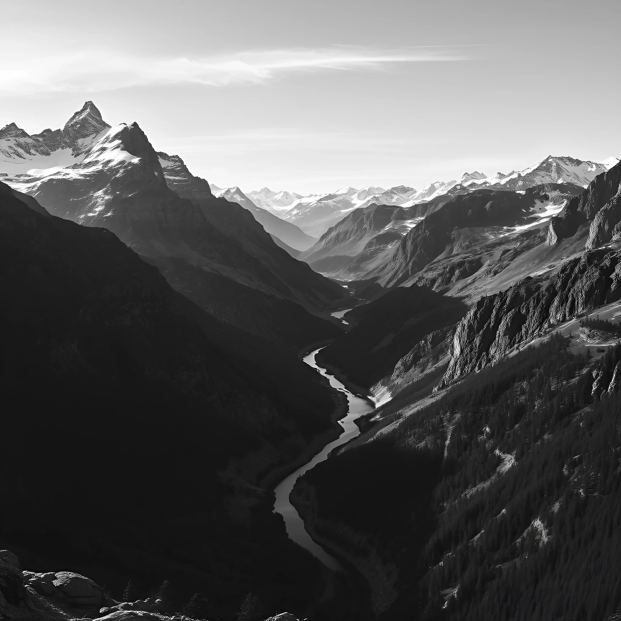 Black And White Mountain River Valley Landscape - Free Download - AI ...