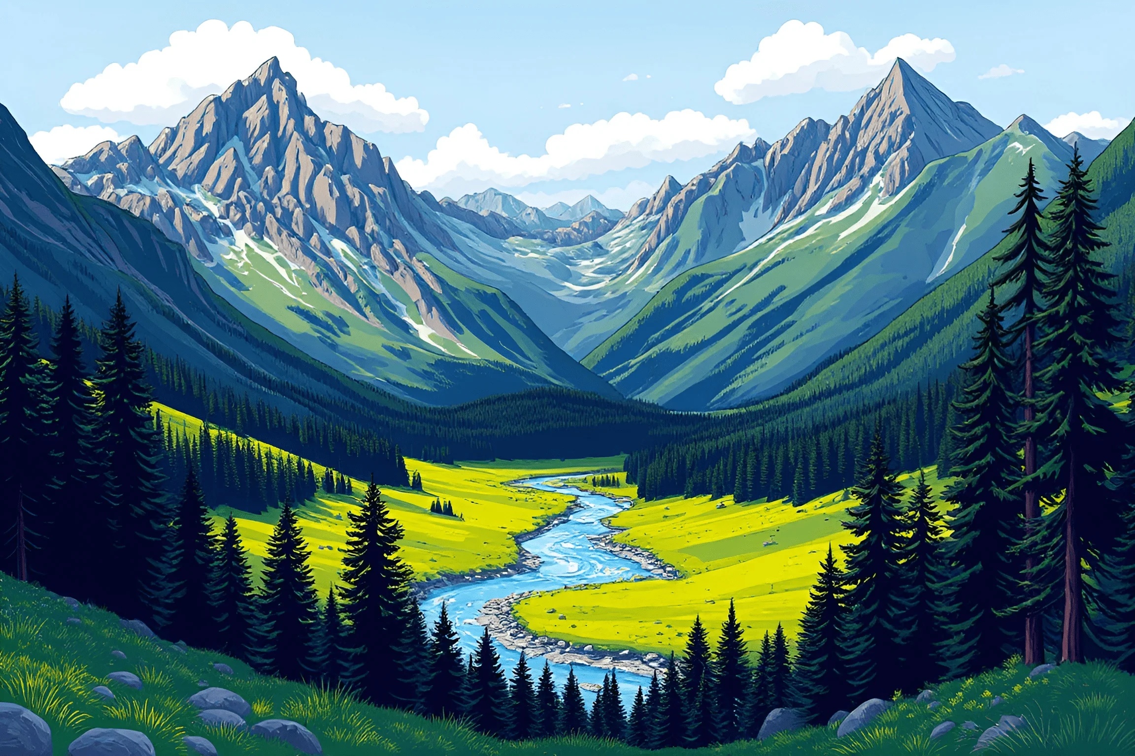 Mountain Valley Landscape with River - Free Download - AI Scribbles