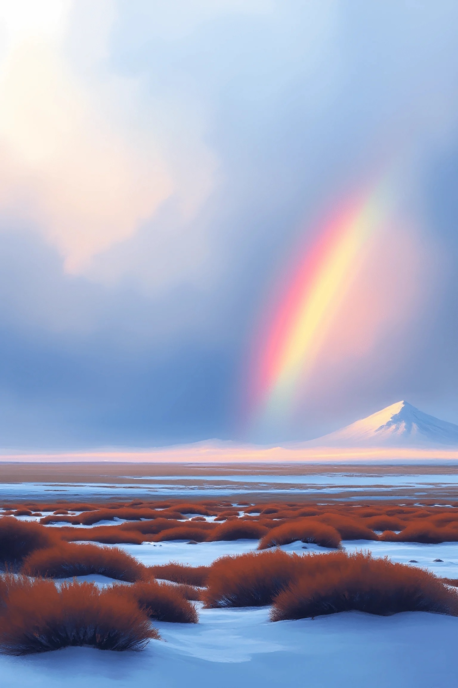 Snowy Landscape With Mountain And Rainbow - Free Download - AI Scribbles