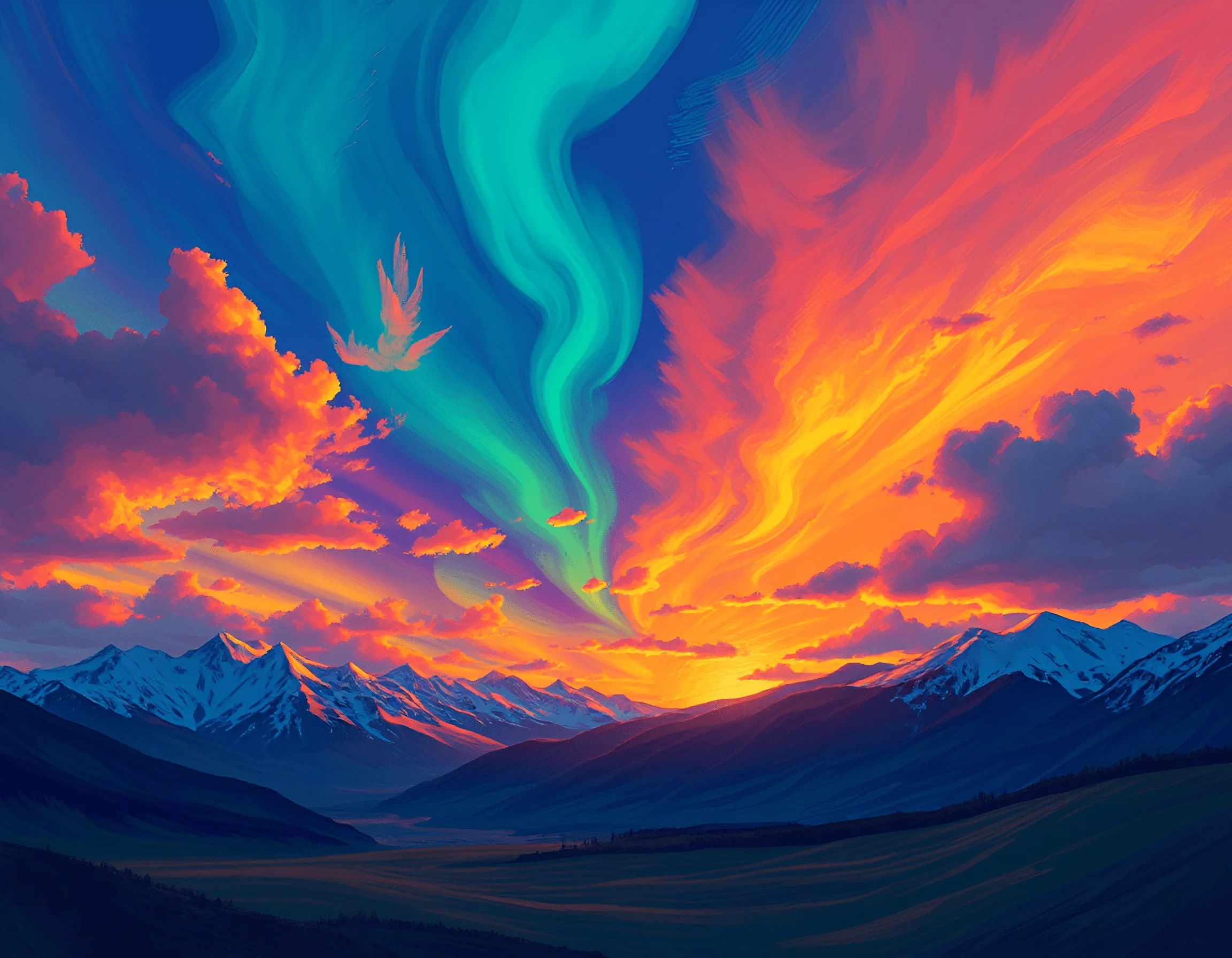 Aurora Over Snowy Mountain Range at Sunset - Free Download - AI Scribbles