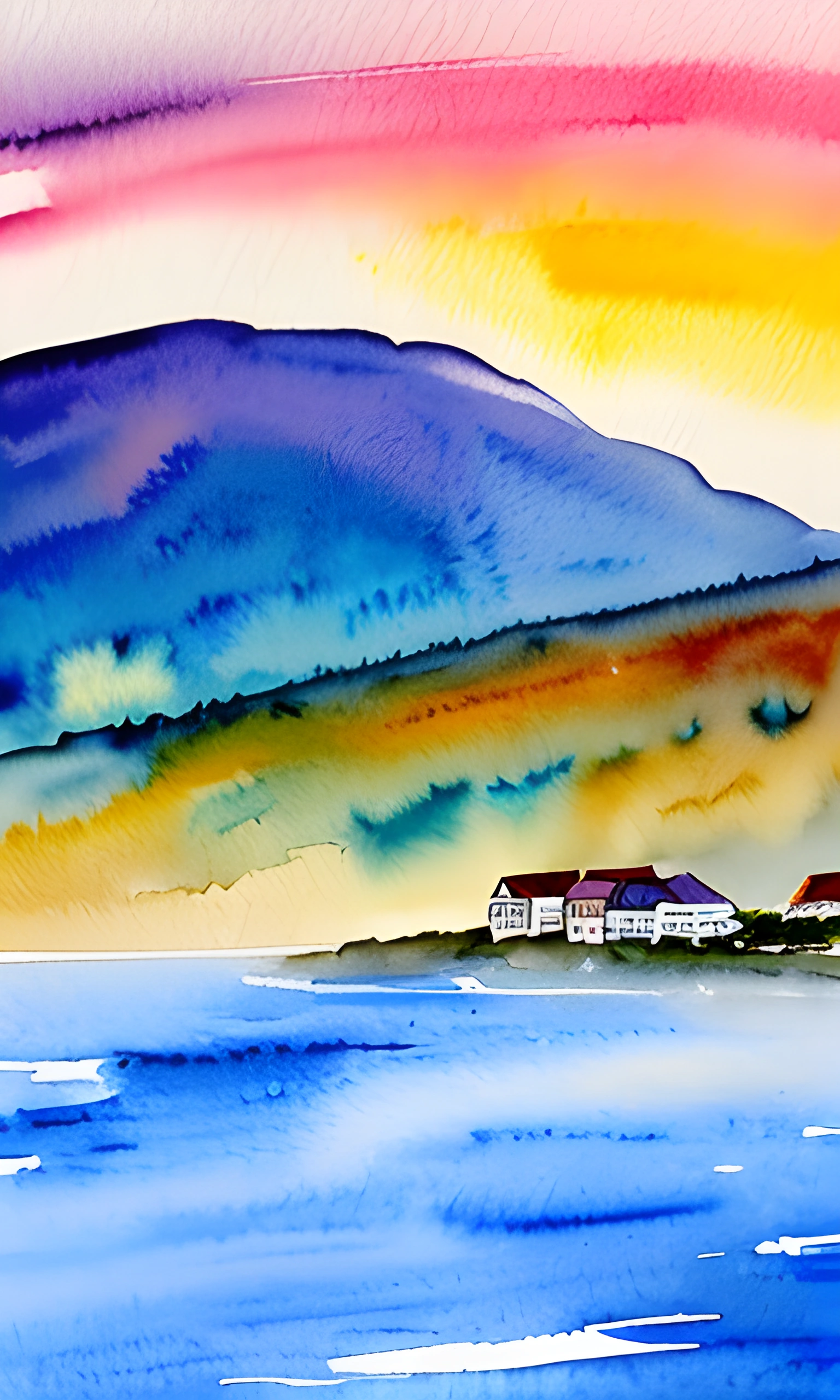 painting of a colorful sunset over a mountain with a house on the shore