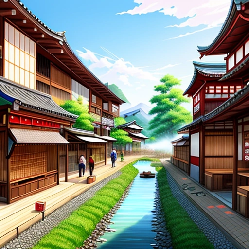 a painting of a canal in a japanese village