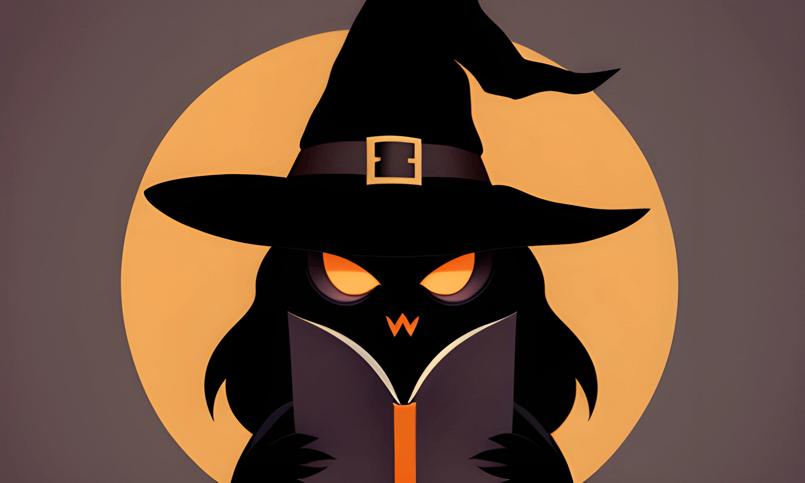 witch owl with a hat and a book in front of a full moon