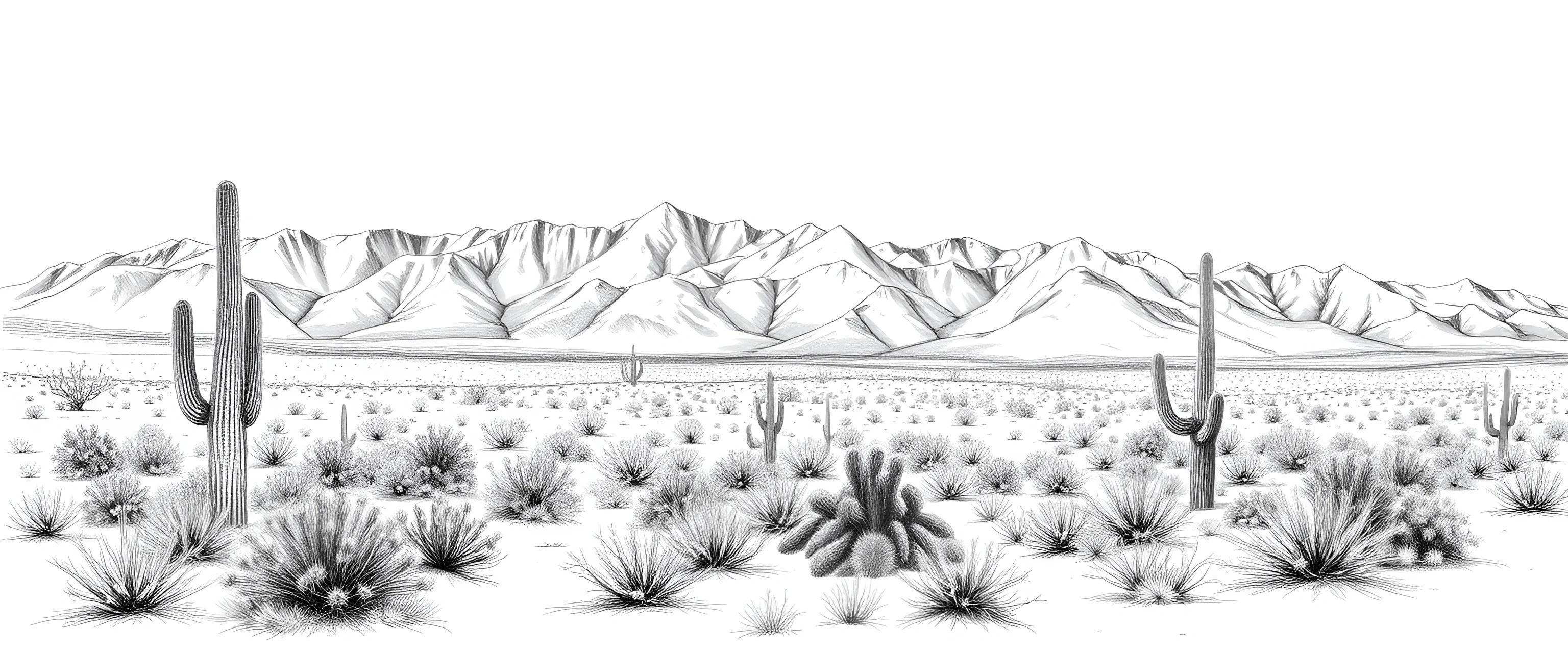 Black and White Desert Landscape Sketch with Mountains and Cacti - Free ...