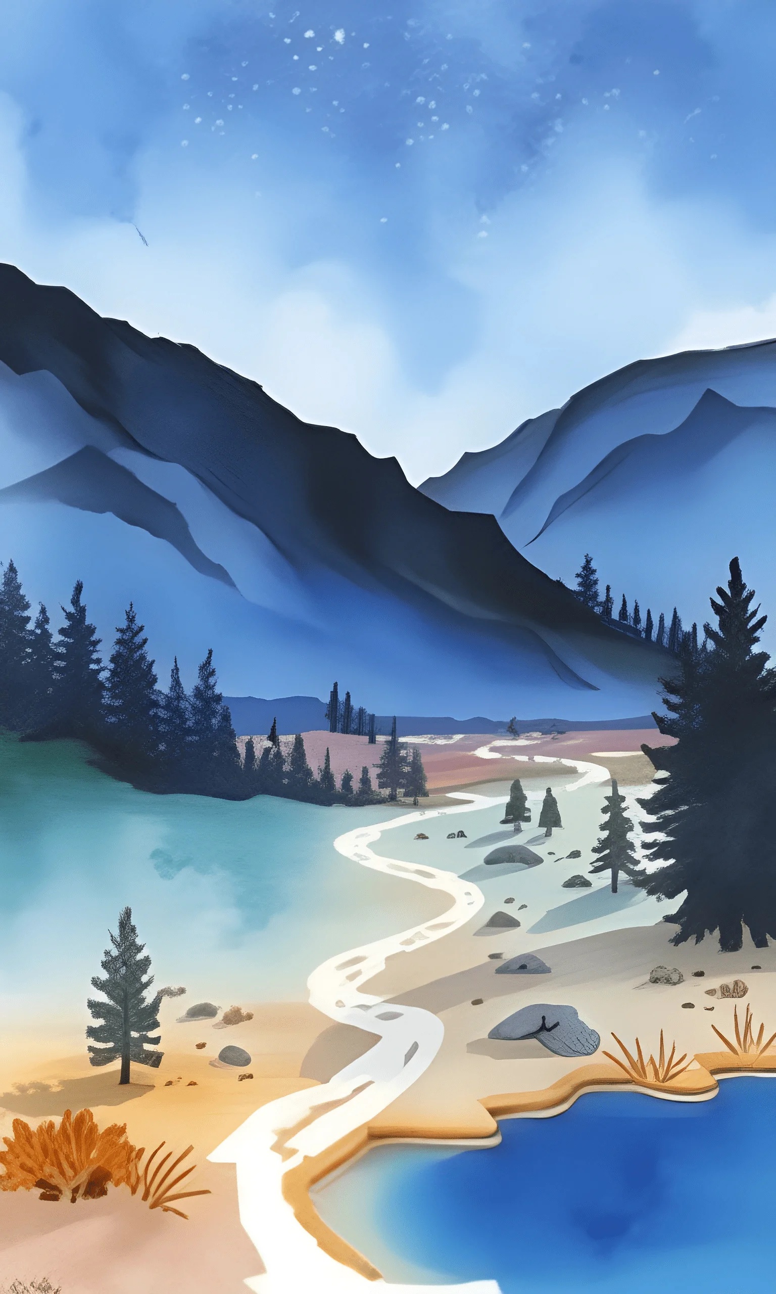 Serene Mountain Landscape with River - Free Download - AI Scribbles