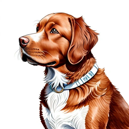 painting of a brown and white dog with a collar on