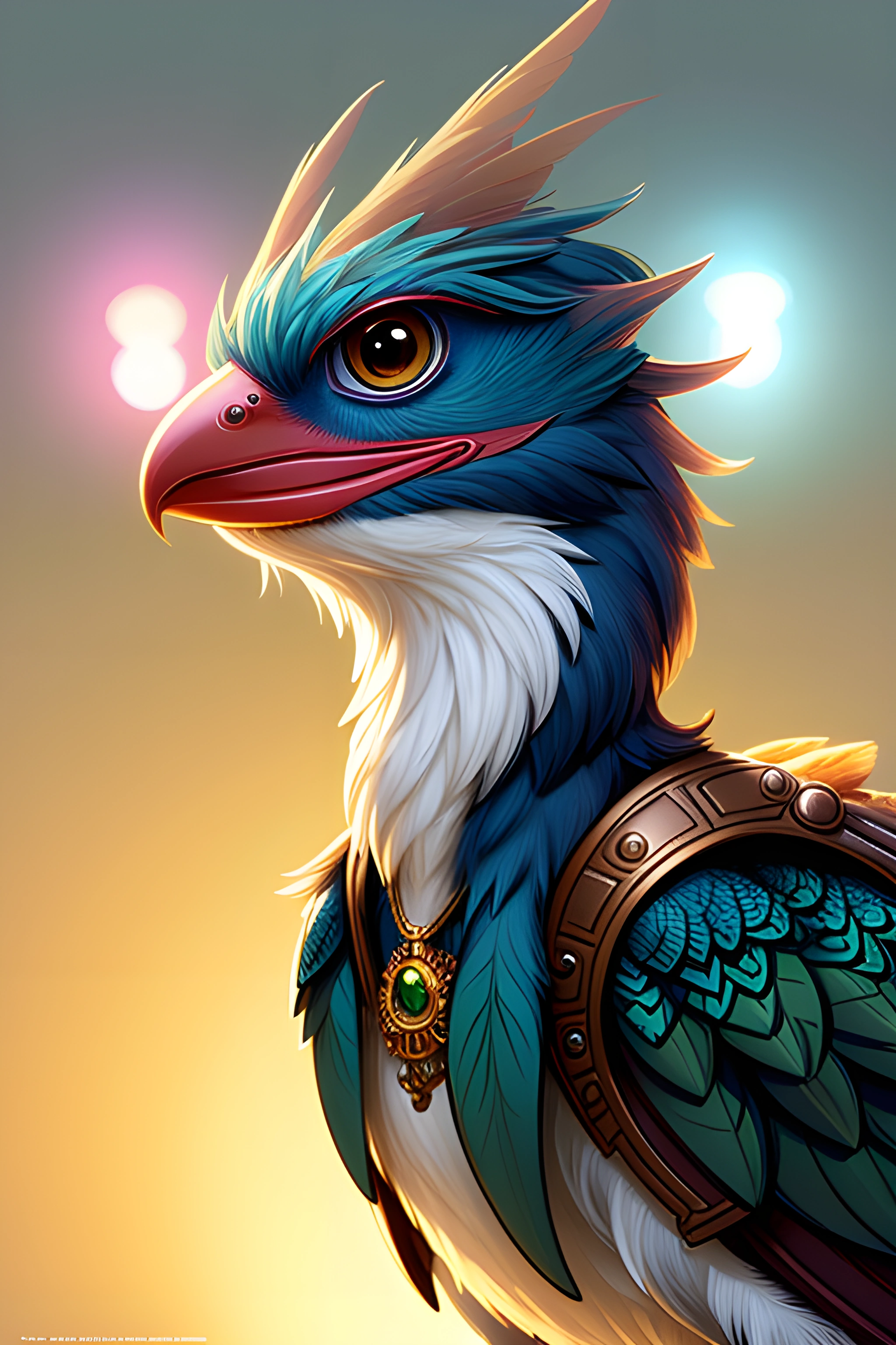 a bird with a blue and white head and a gold necklace