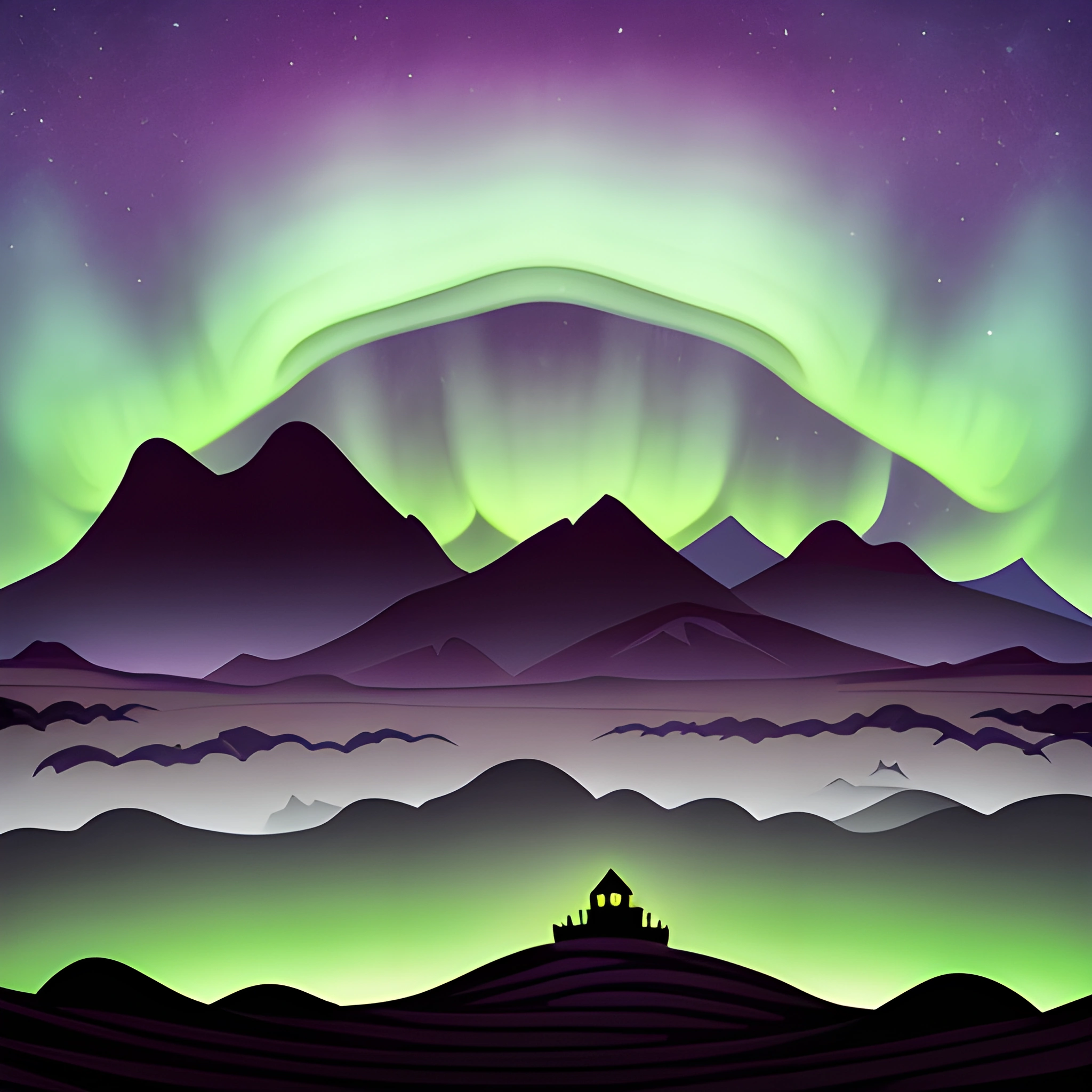 mountains and a house under the aurora lights