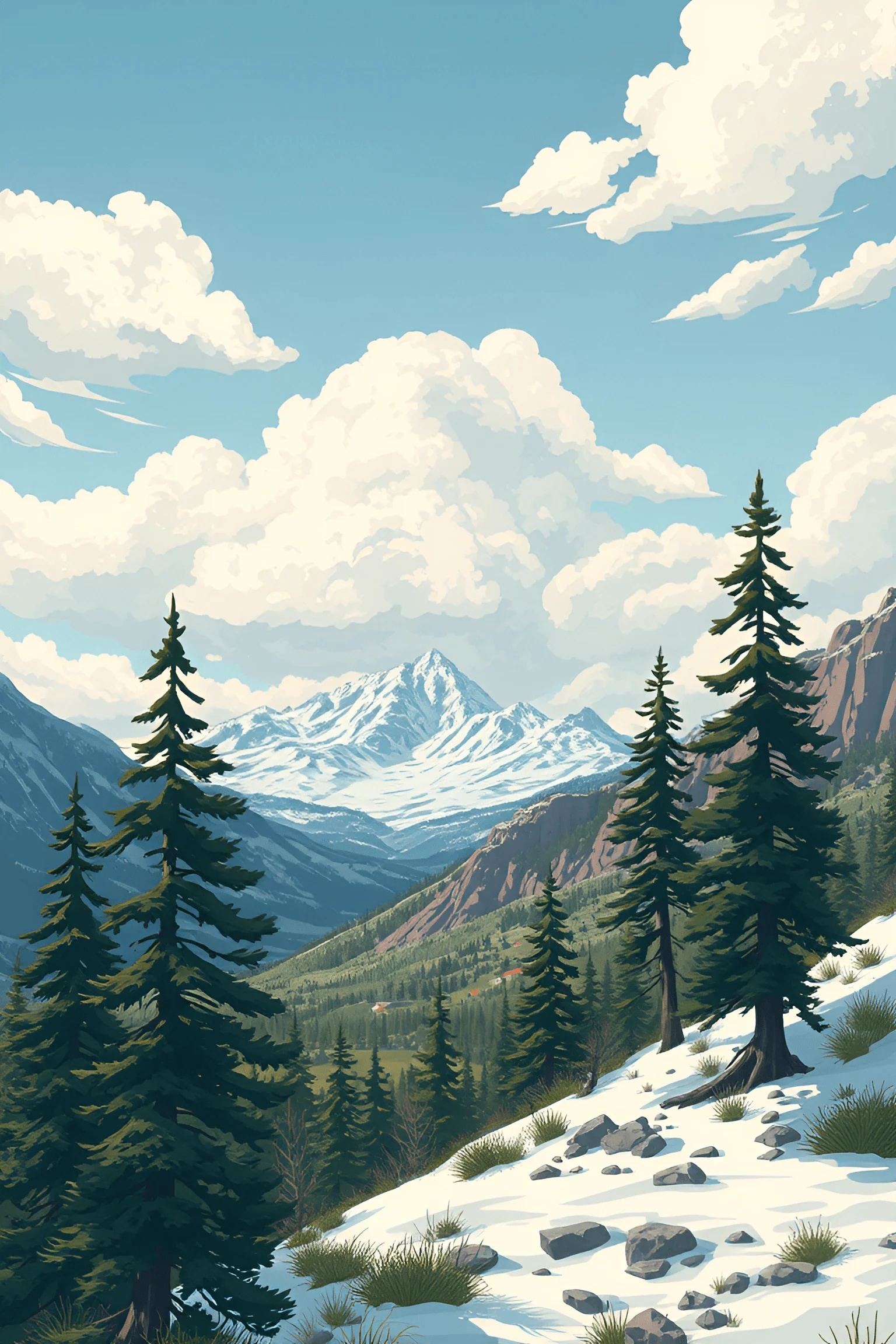 Snowy Mountain Valley with Pine Trees - Free Download - AI Scribbles