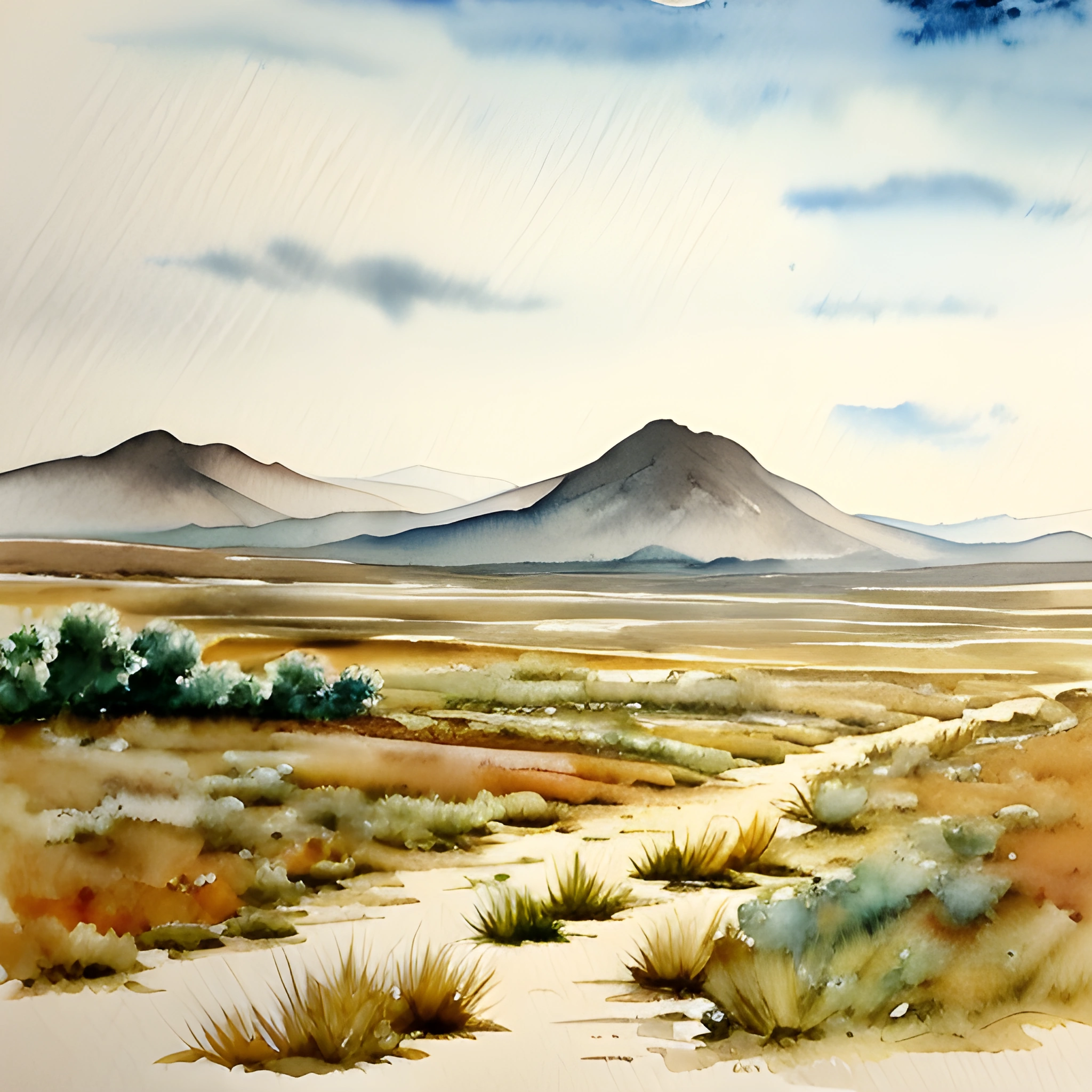 painting of a desert landscape with a mountain in the distance