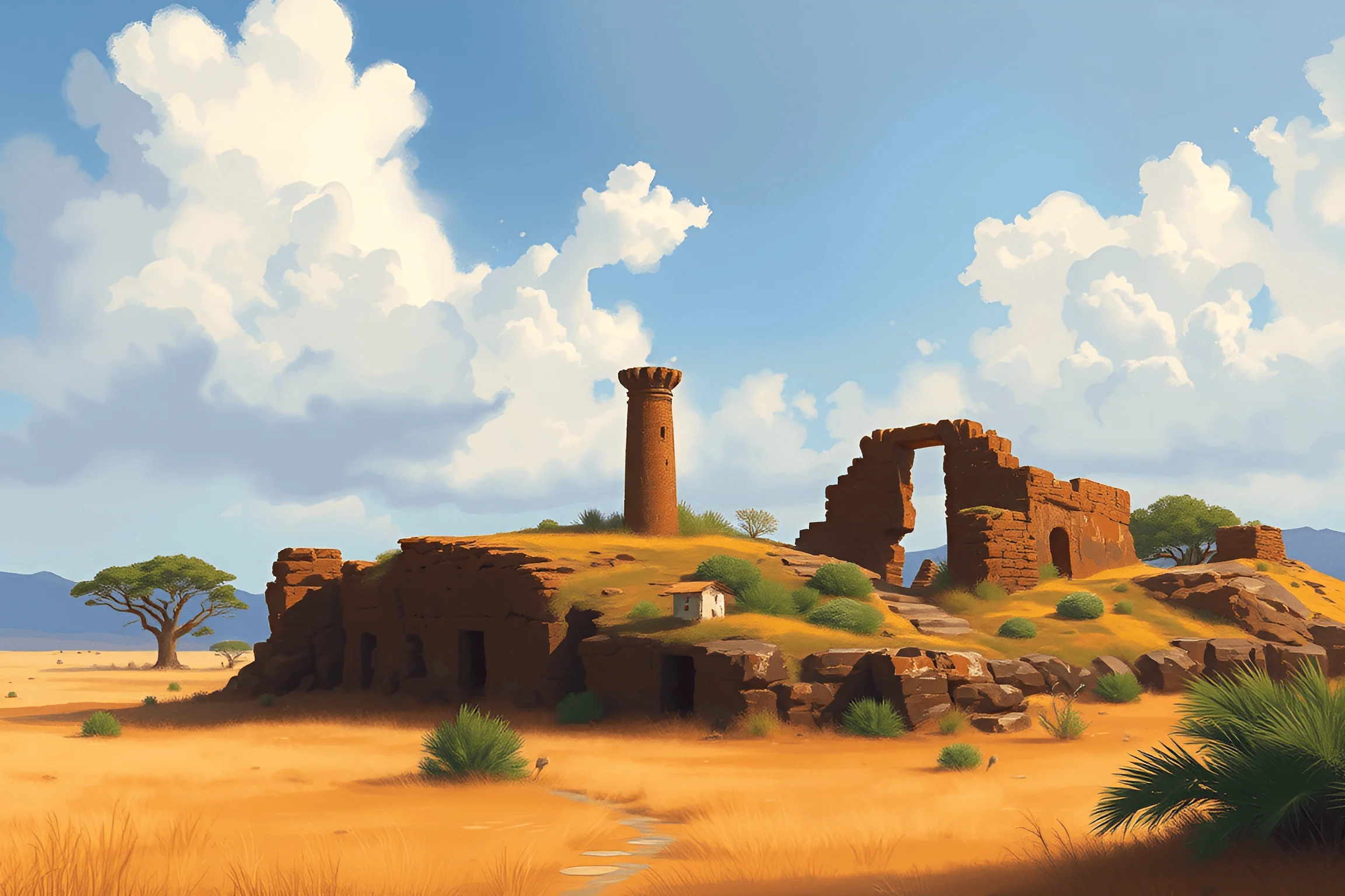 Desert Ruins with Watchtower Under Blue Sky - Free Download - AI Scribbles