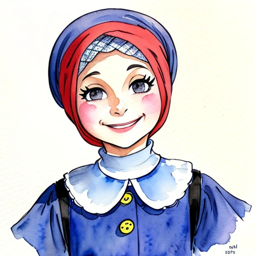 a painting of a woman with a red head scarf and blue dress