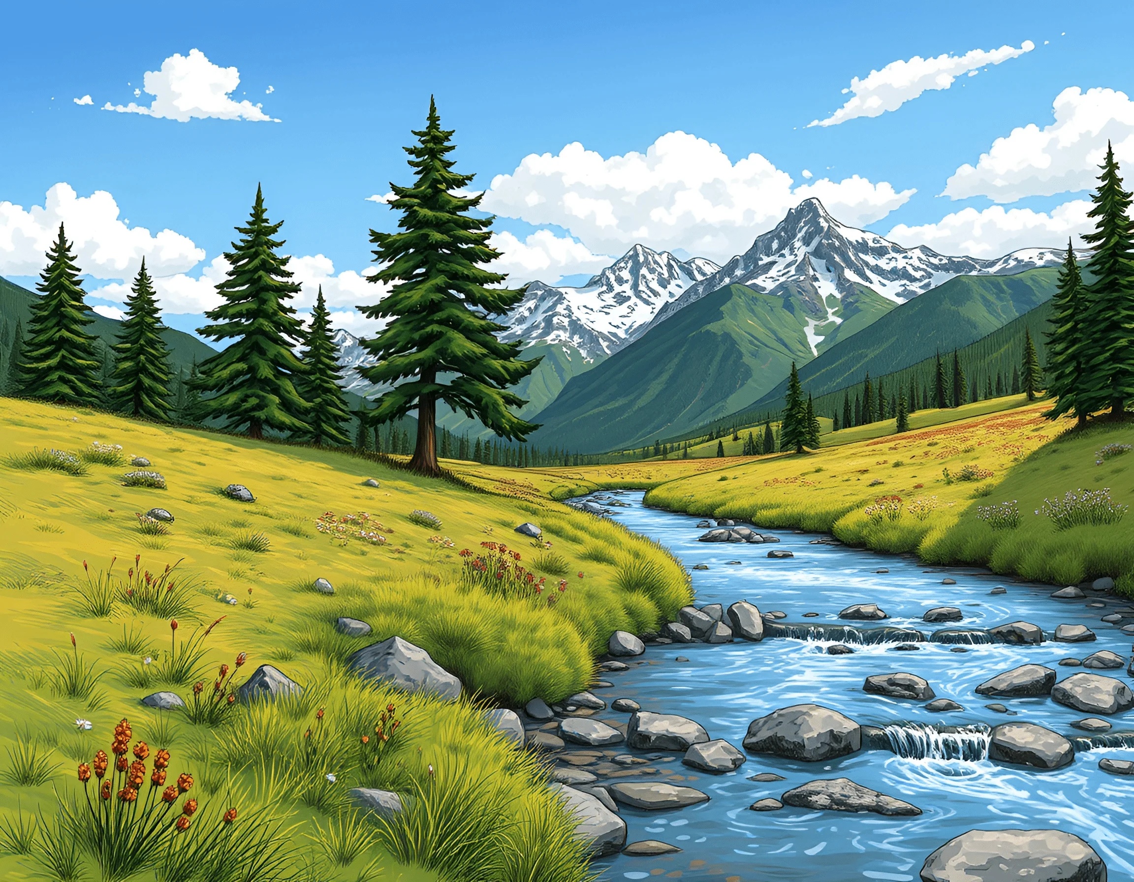 Mountain Stream with Pine Trees and Wildflowers - Free Download - AI ...