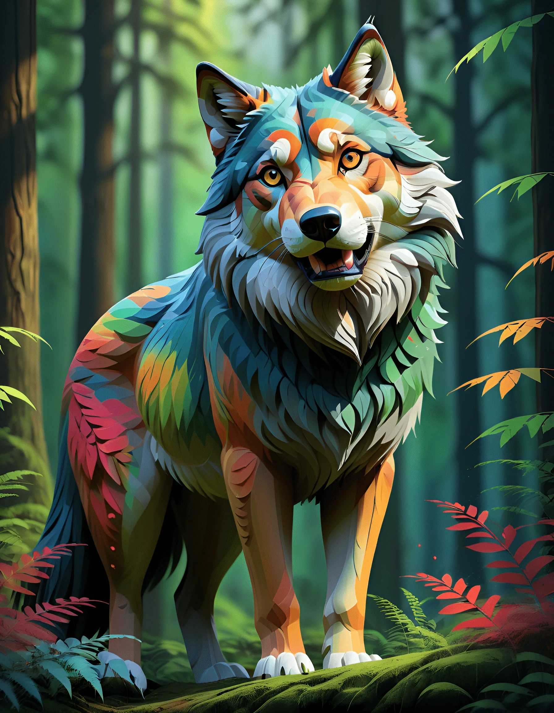 Colorful Stylized Wolf in a Forest - Free Download - AI Scribbles