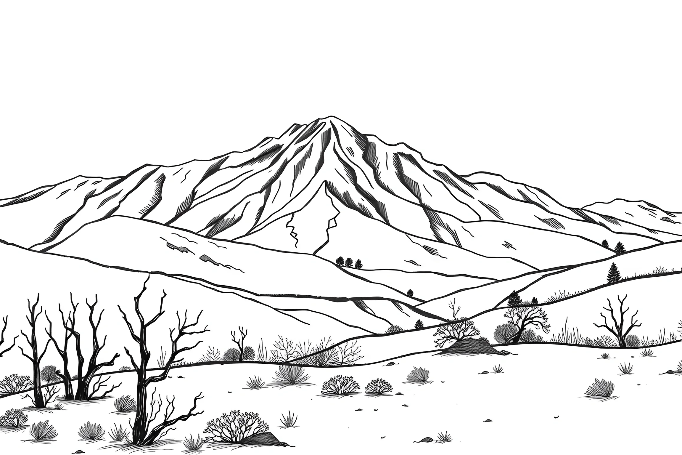 Black and White Mountain Landscape Drawing - Free Download - AI Scribbles