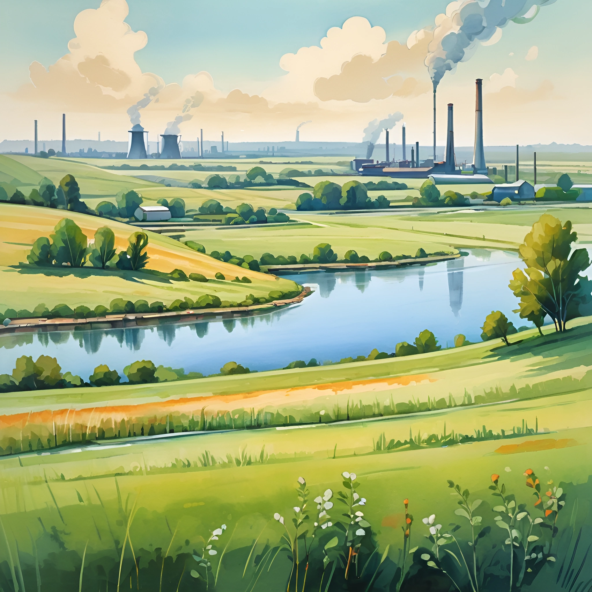 Industrial Landscape with River - Free Download - AI Scribbles