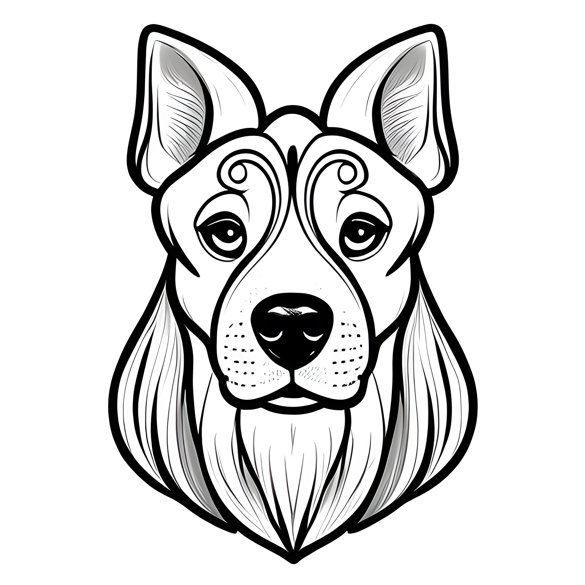 a black and white drawing of a dog with a long hair
