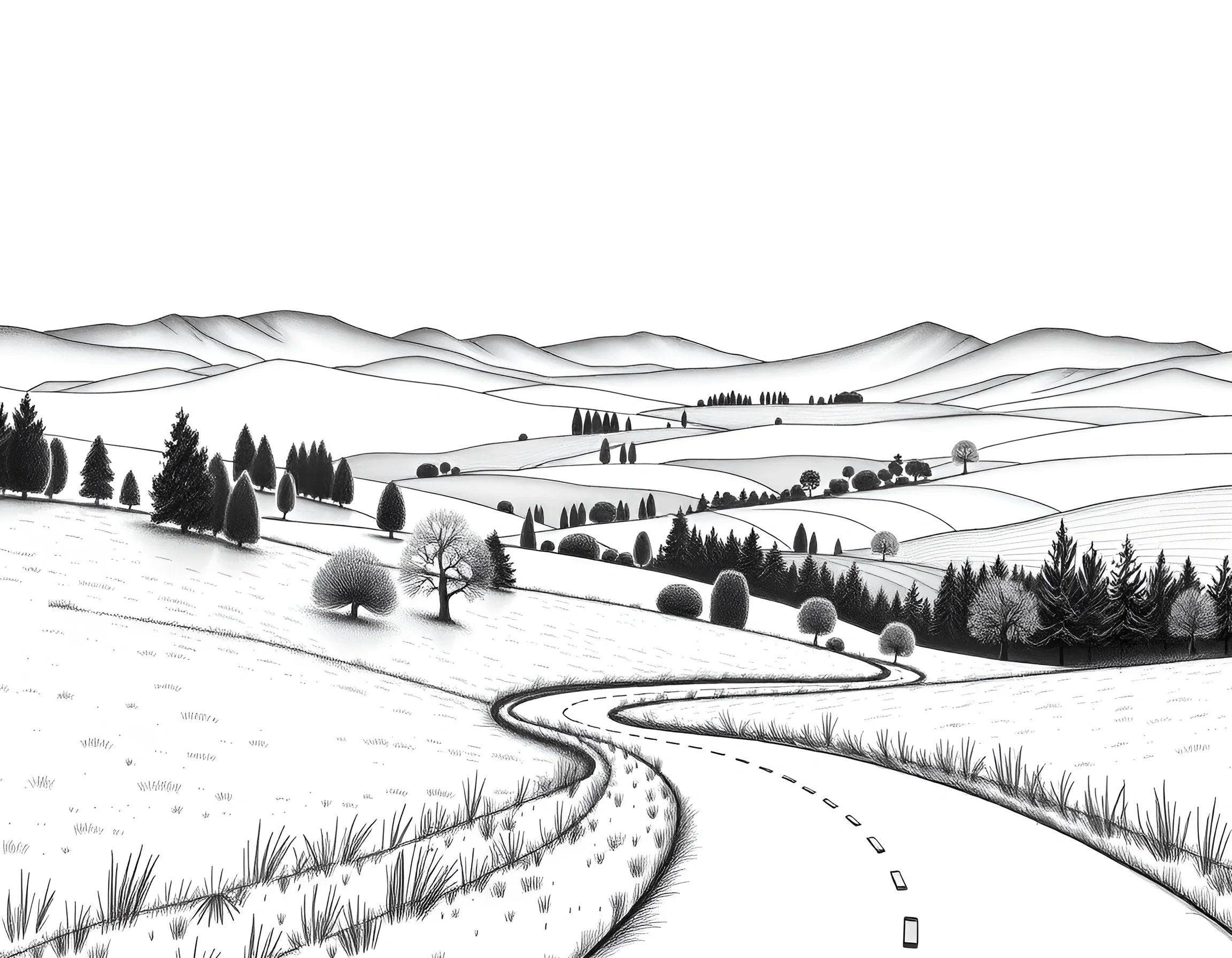Black and White Landscape with Winding Road - Free Download - AI Scribbles