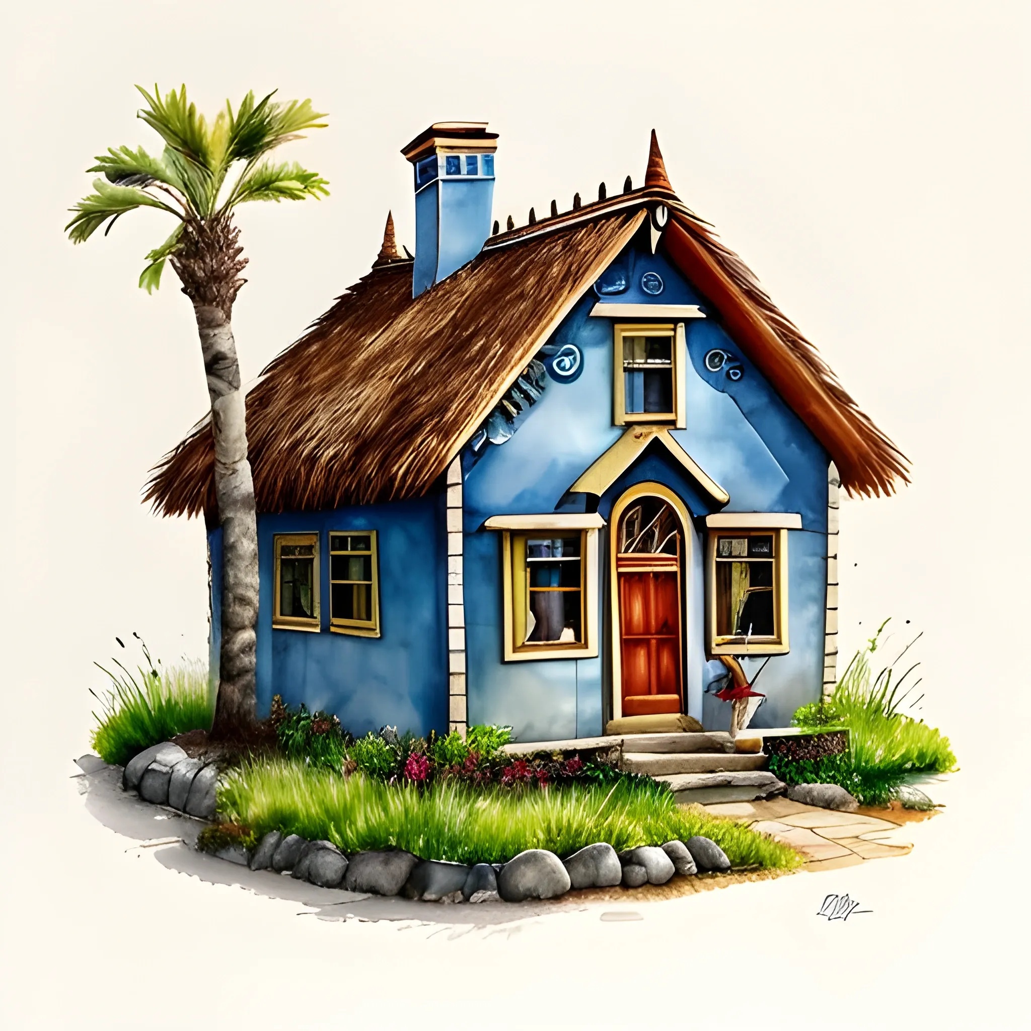 Charming Blue Cottage with Thatched Roof - Free Download - AI Scribbles