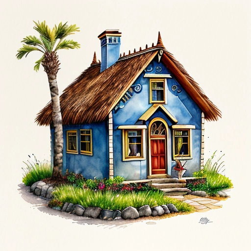painting of a blue house with a thatched roof and a palm tree