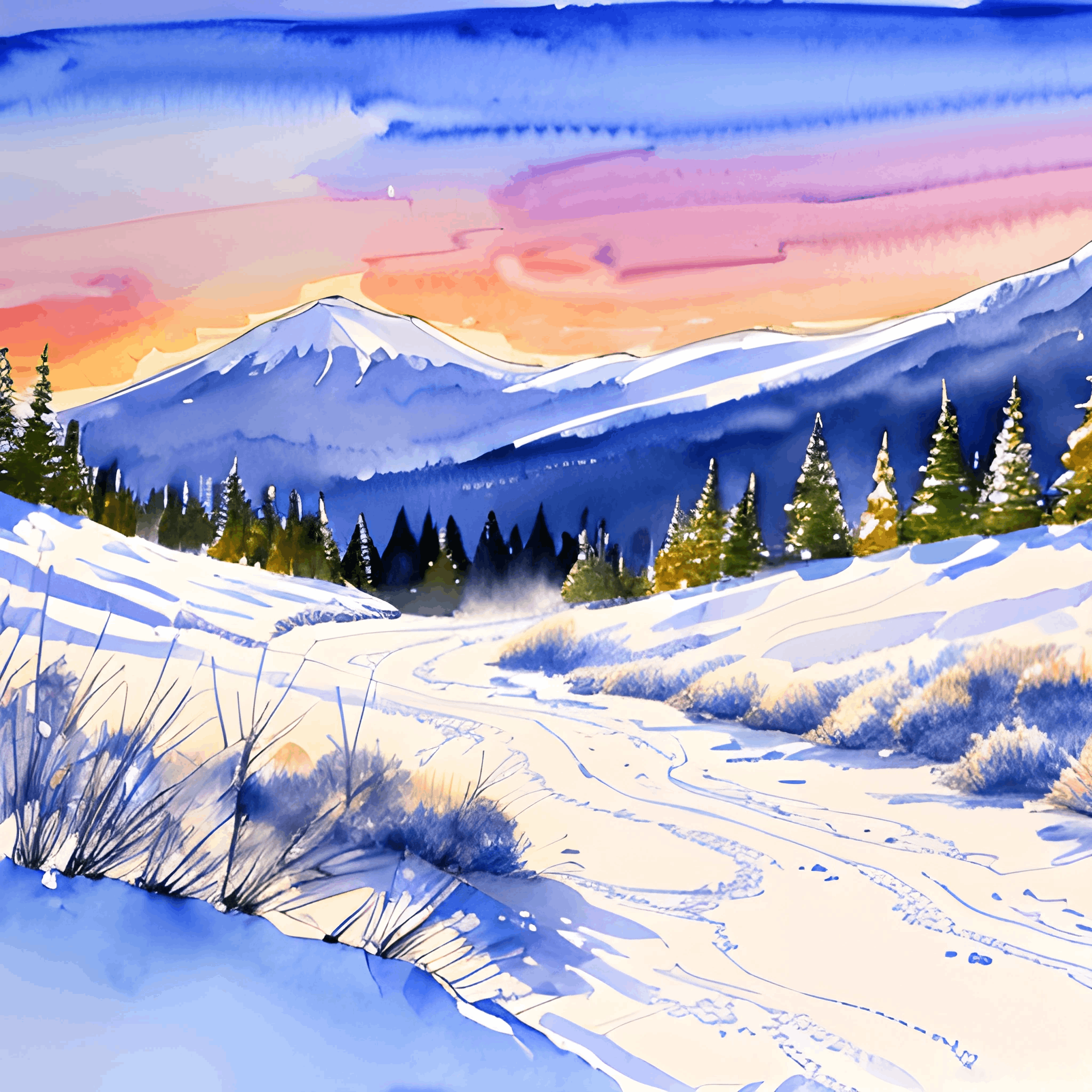 painting of a snowy mountain scene with a trail in the foreground