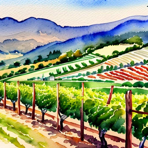a painting of a vineyard with a mountain in the background