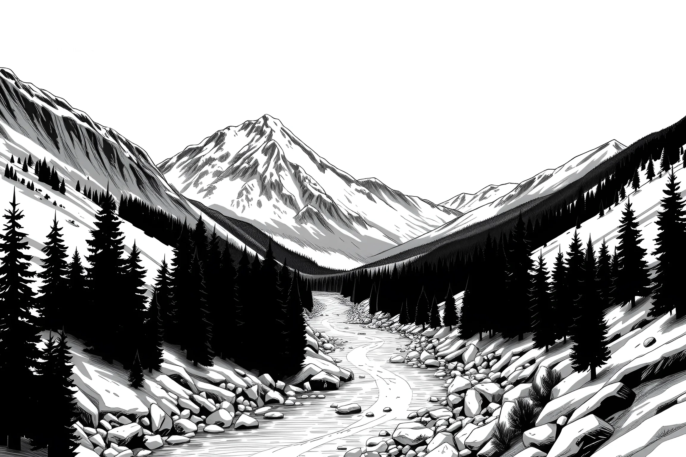 Monochrome Mountain Valley Landscape Illustration - Free Download - AI ...