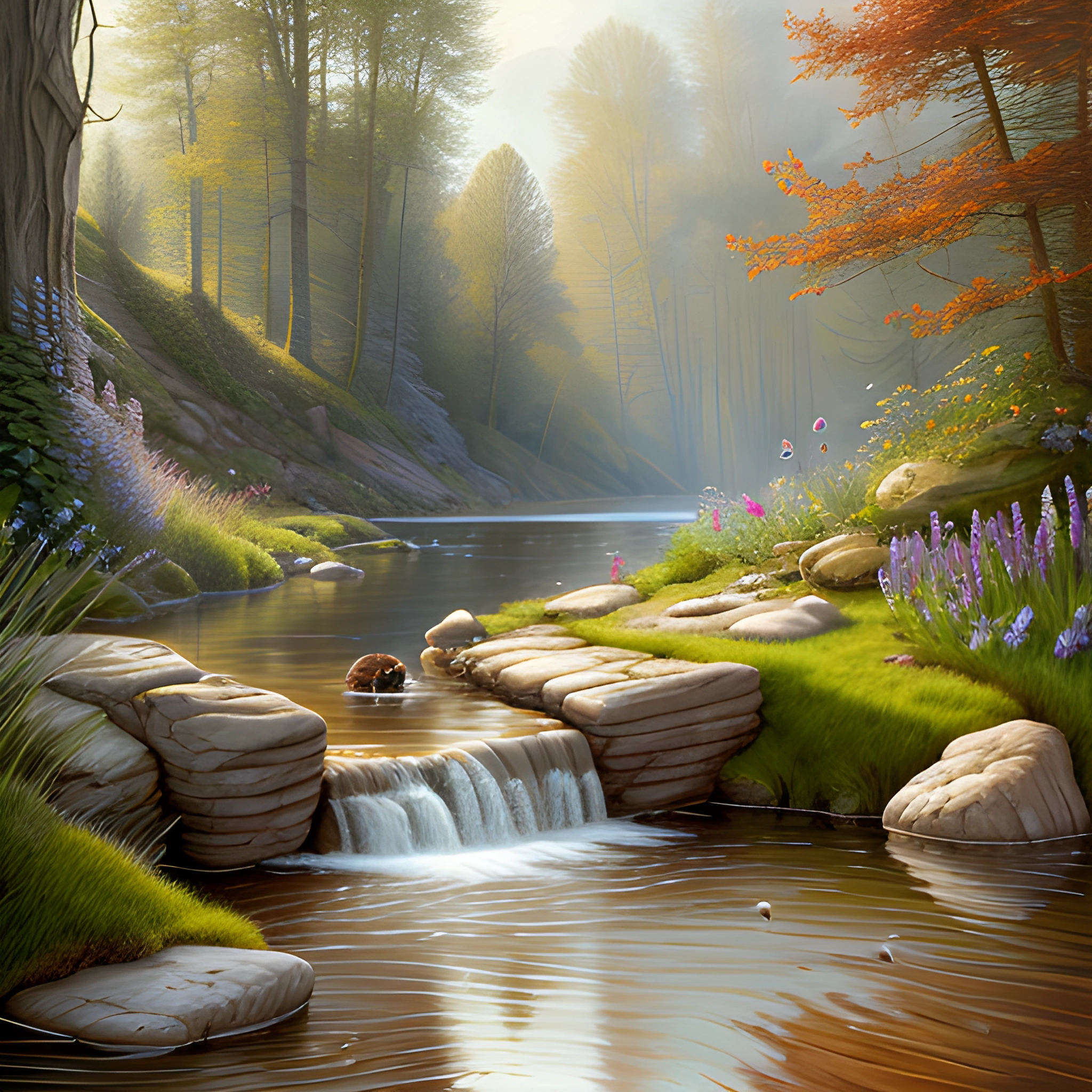 painting of a stream in a forest with a bear and flowers
