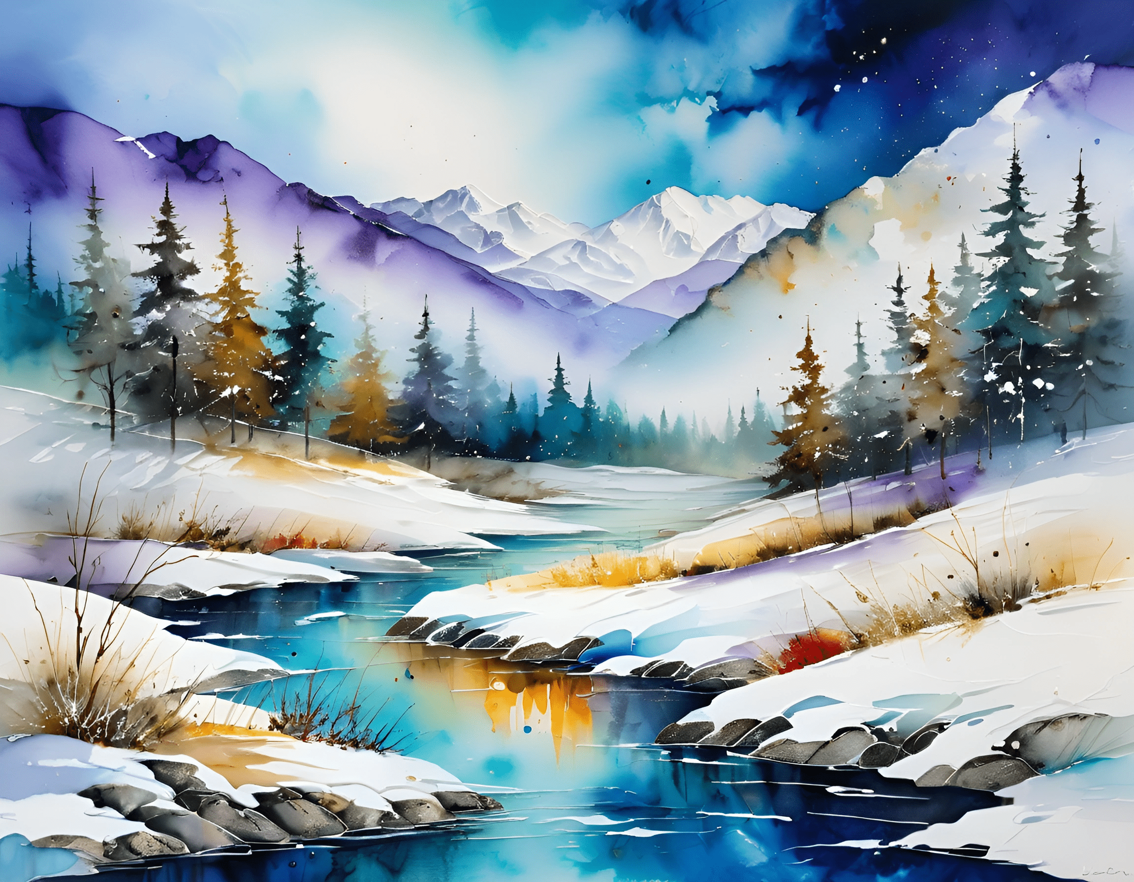 Mountain Winter Landscape Watercolor - Free Download - AI Scribbles