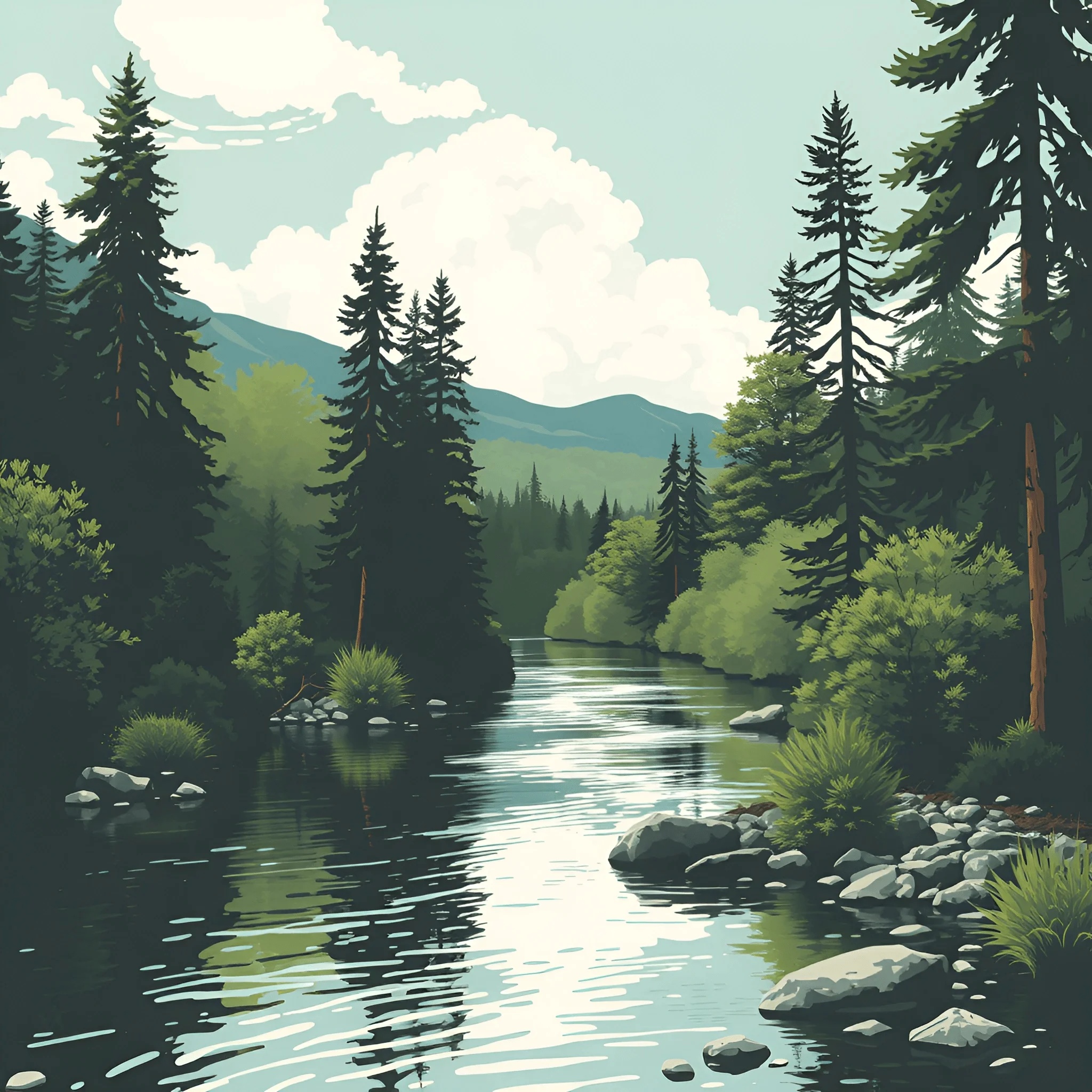 Lush Forest River Landscape - Free Download - AI Scribbles