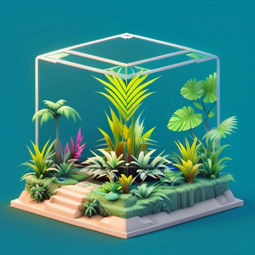 a small plant garden in a glass cube with a blue background