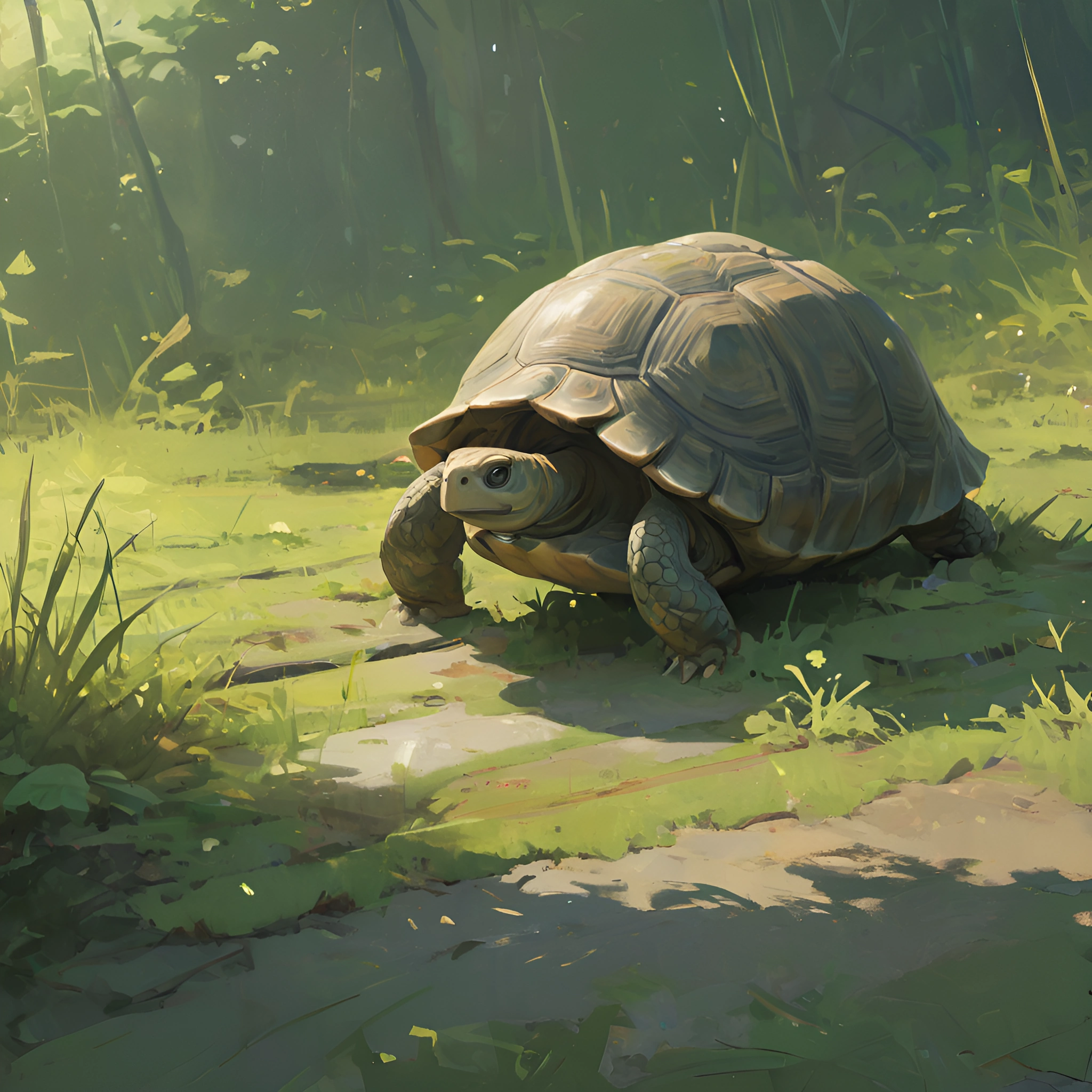 a painting of a turtle walking on a path