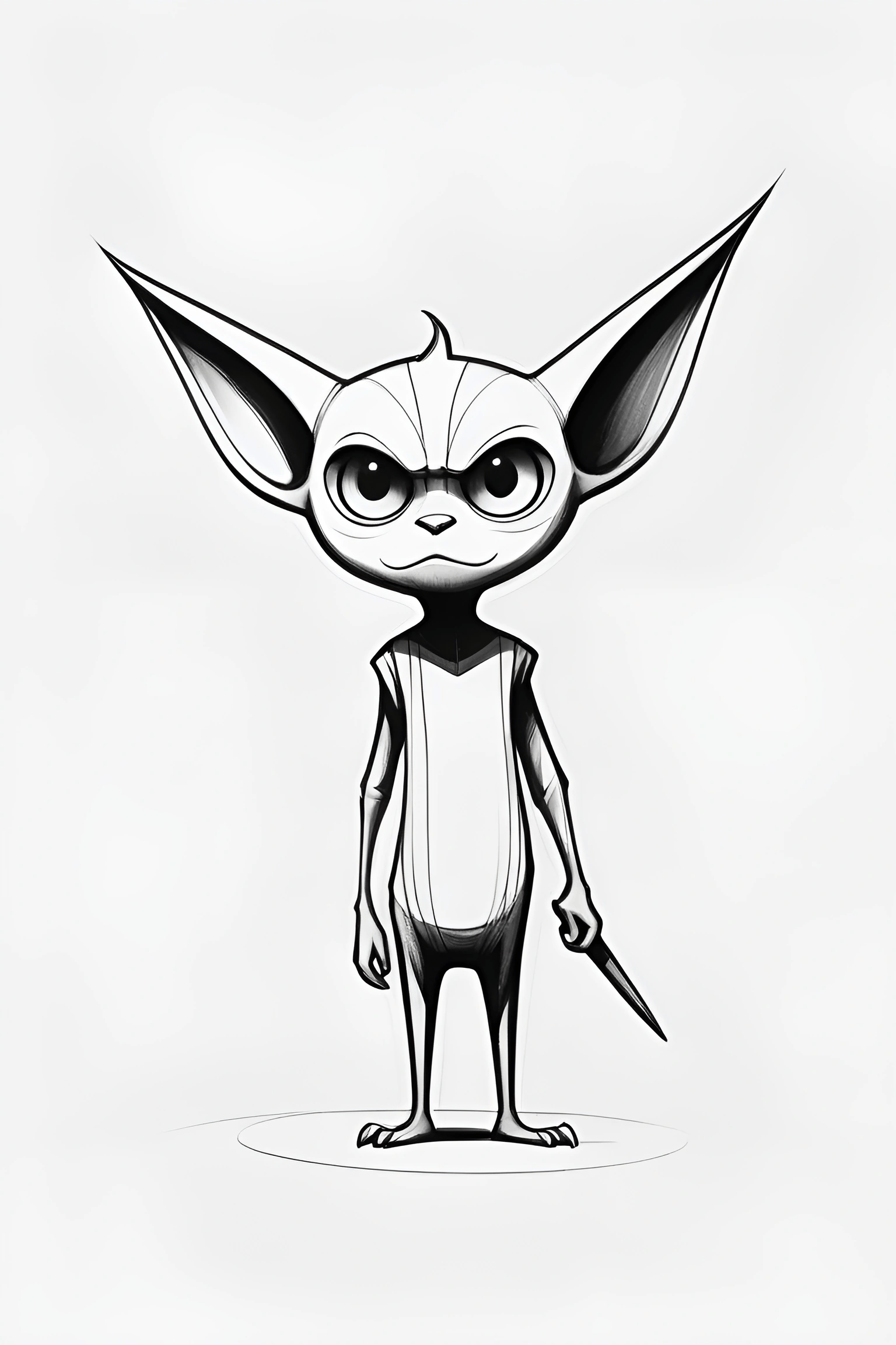 cartoon drawing of a small alien with a knife in his hand