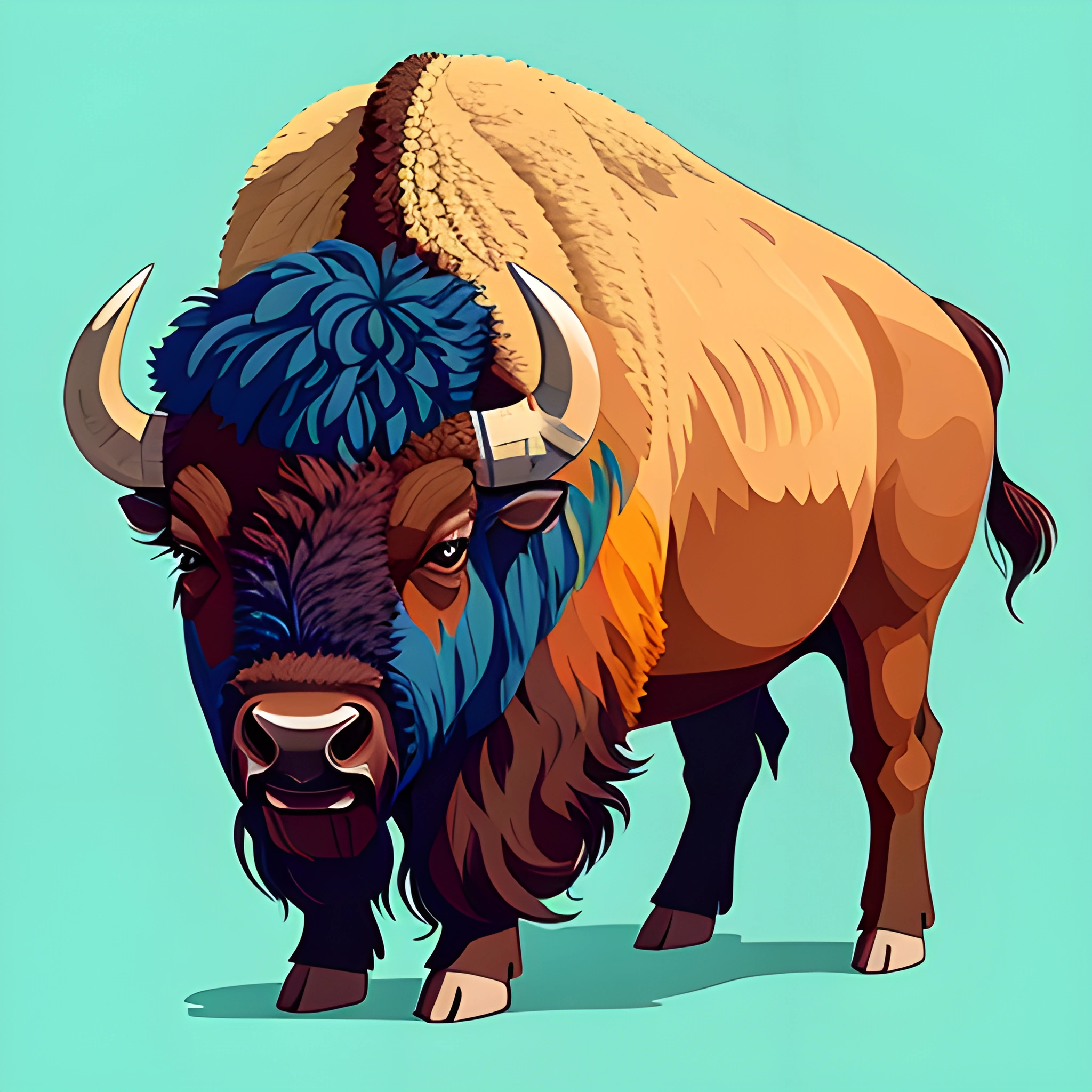 bison with a long horn standing in front of a blue background