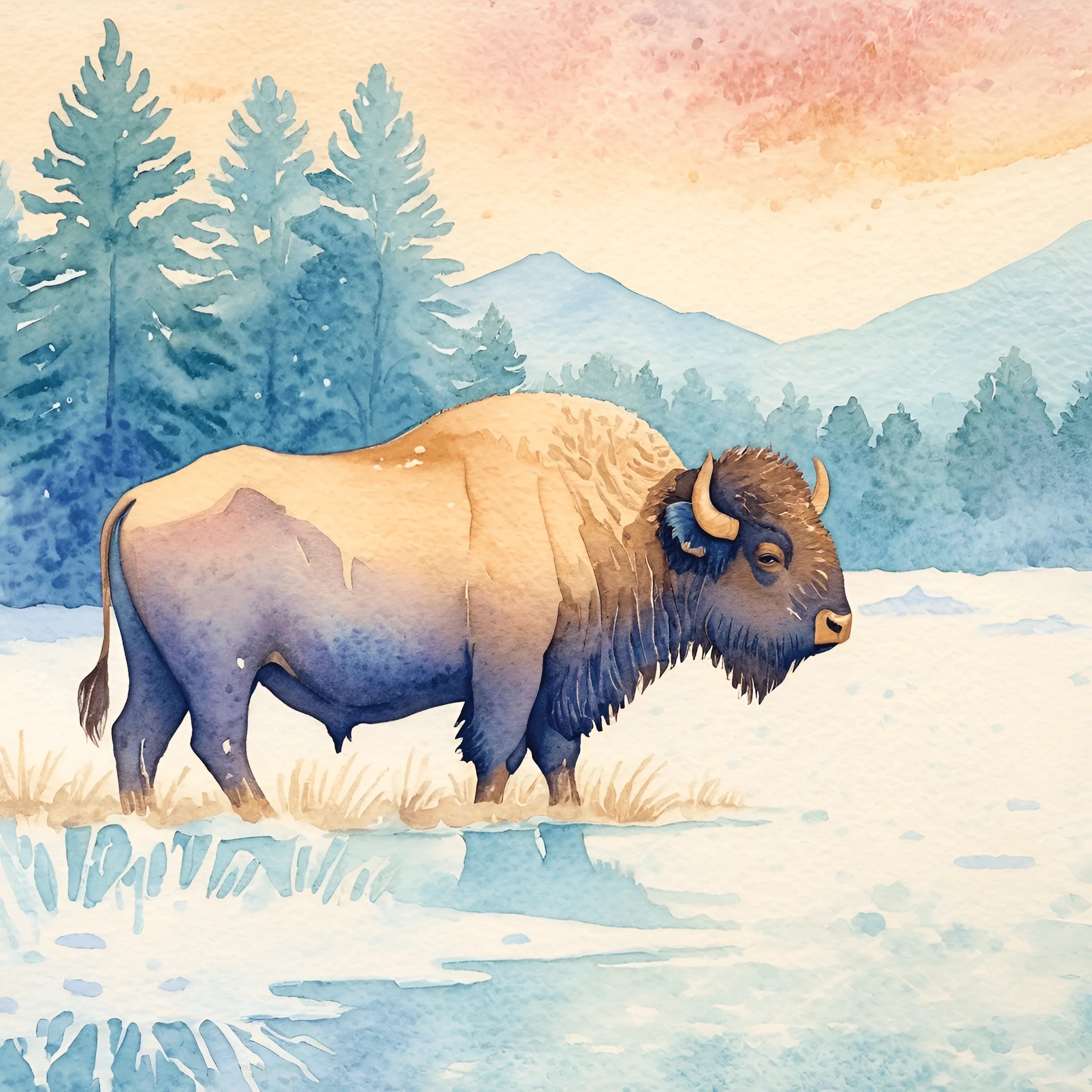 Bison Water Rcolour Watercolor Bison in Snowy Landscape - Free Download - AI Scribbles