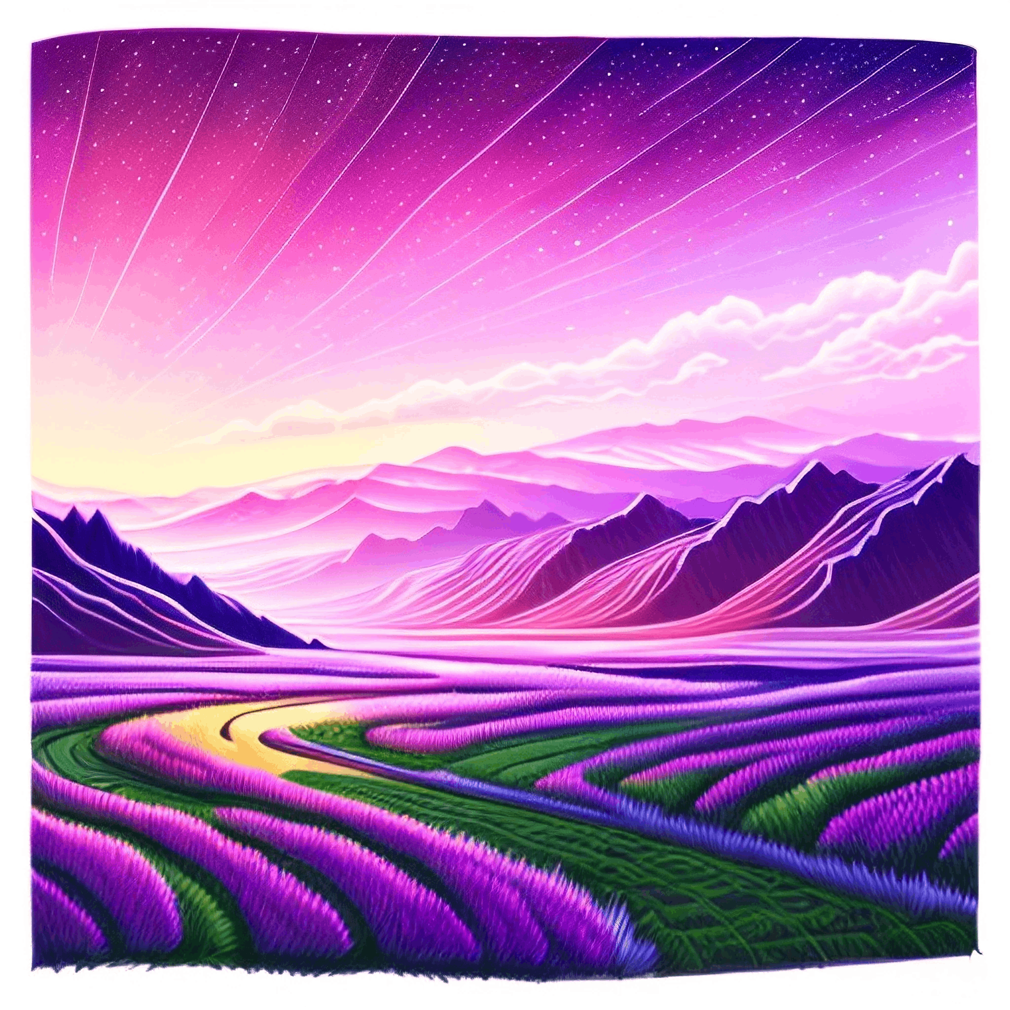 a painting of a purple field with mountains in the background