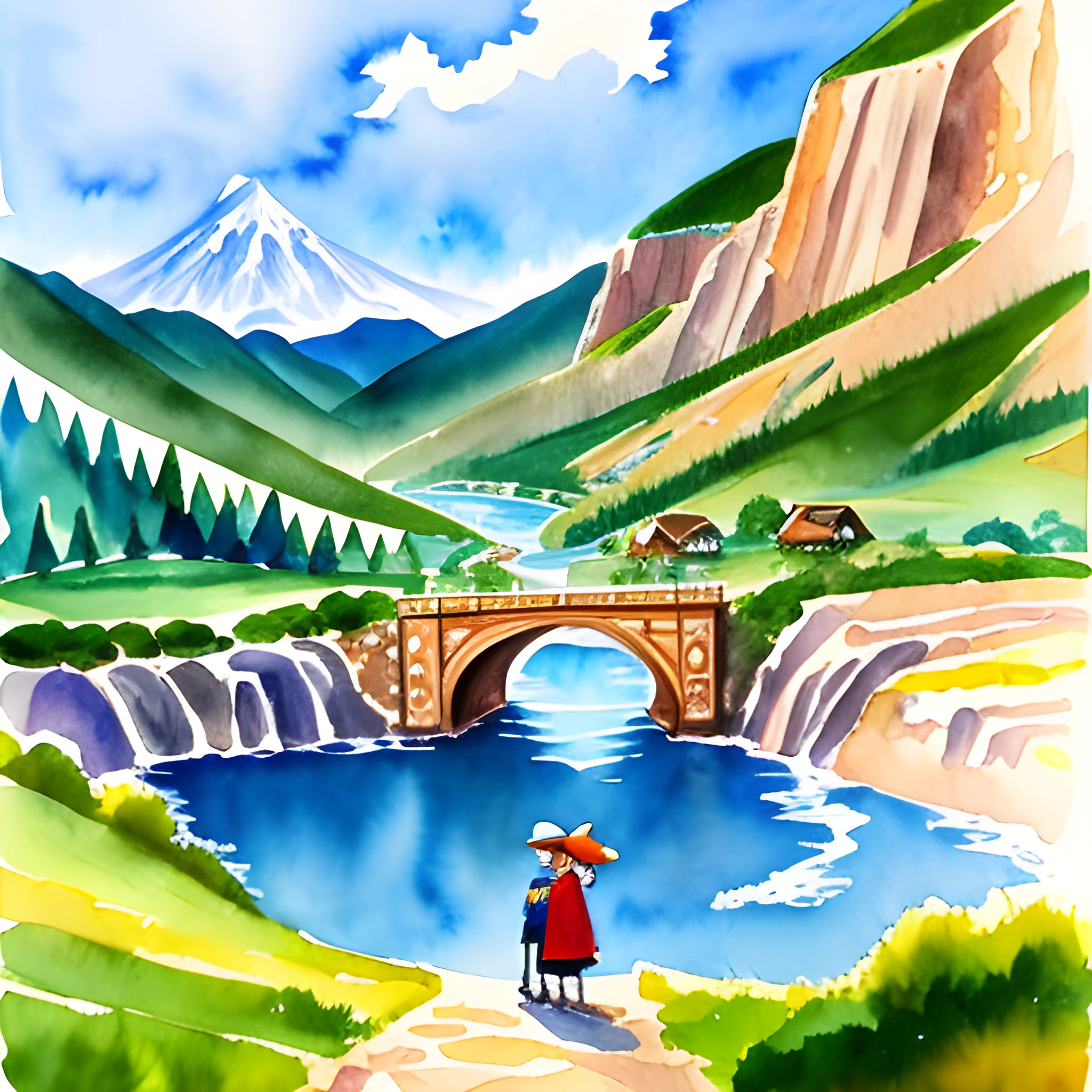 painting of a couple standing on a bridge overlooking a mountain valley