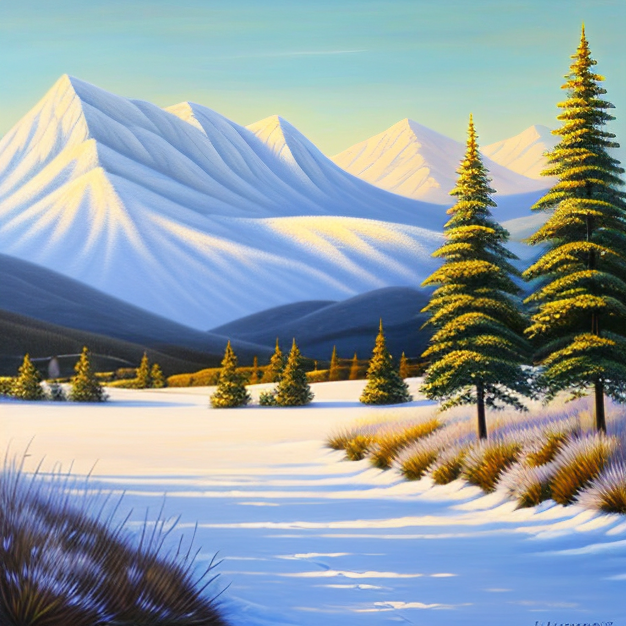 painting of a snowy mountain scene with pine trees and a snow covered field