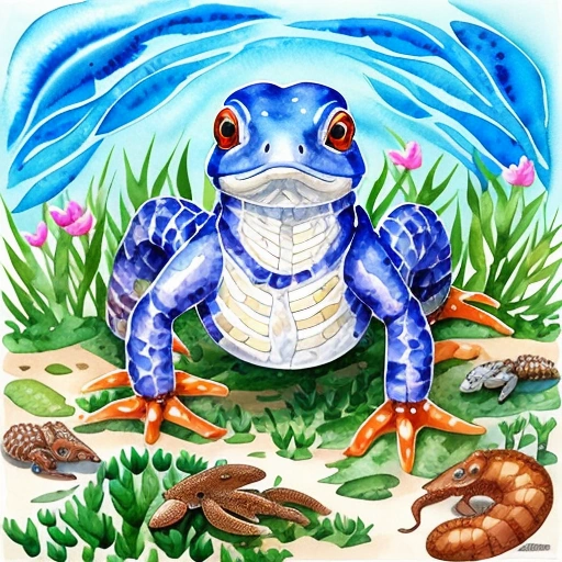 a painting of a blue frog sitting on top of a grass covered ground